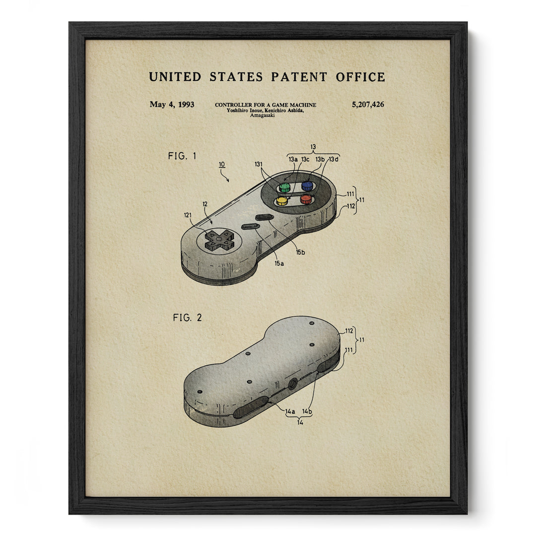 The image is a framed patent drawing depicting a game controller, specifically a joystick, with detailed technical drawings and labels.