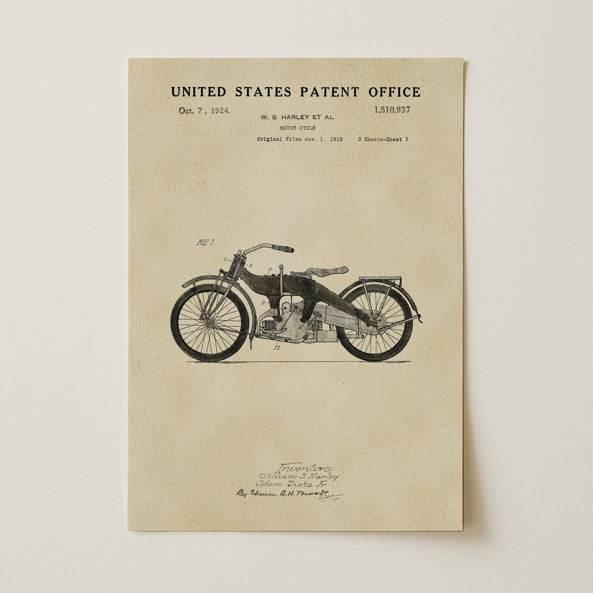 The image is a patent application from the United States Patent Office, dated October 7, 1924, for a Harley Davidson motorcycle.