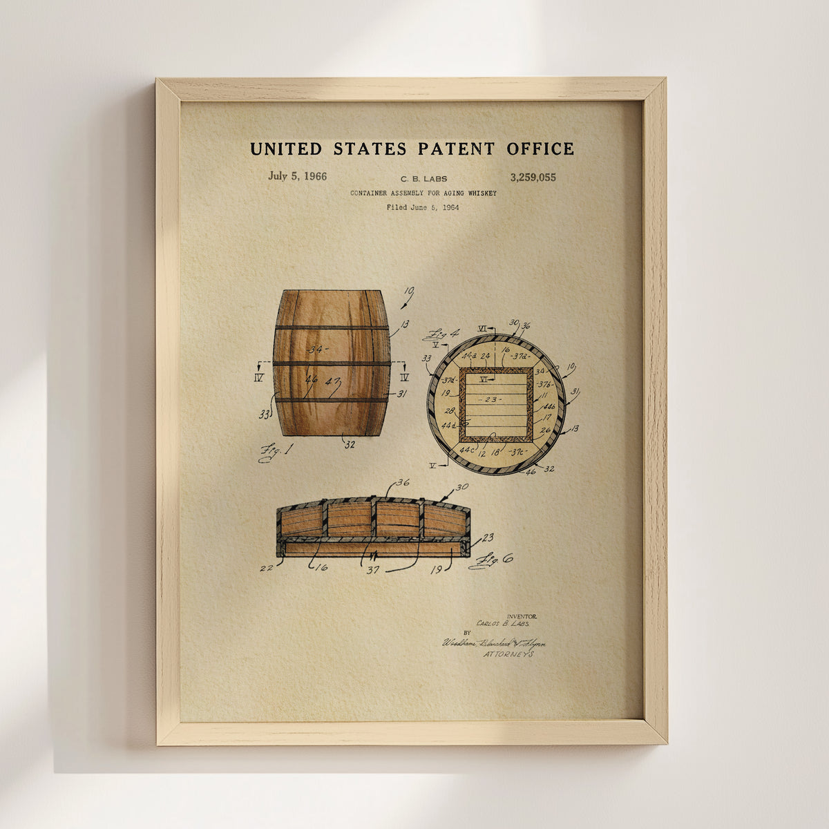 The image is a framed patent drawing depicting a wooden barrel, with accompanying technical drawings and text.