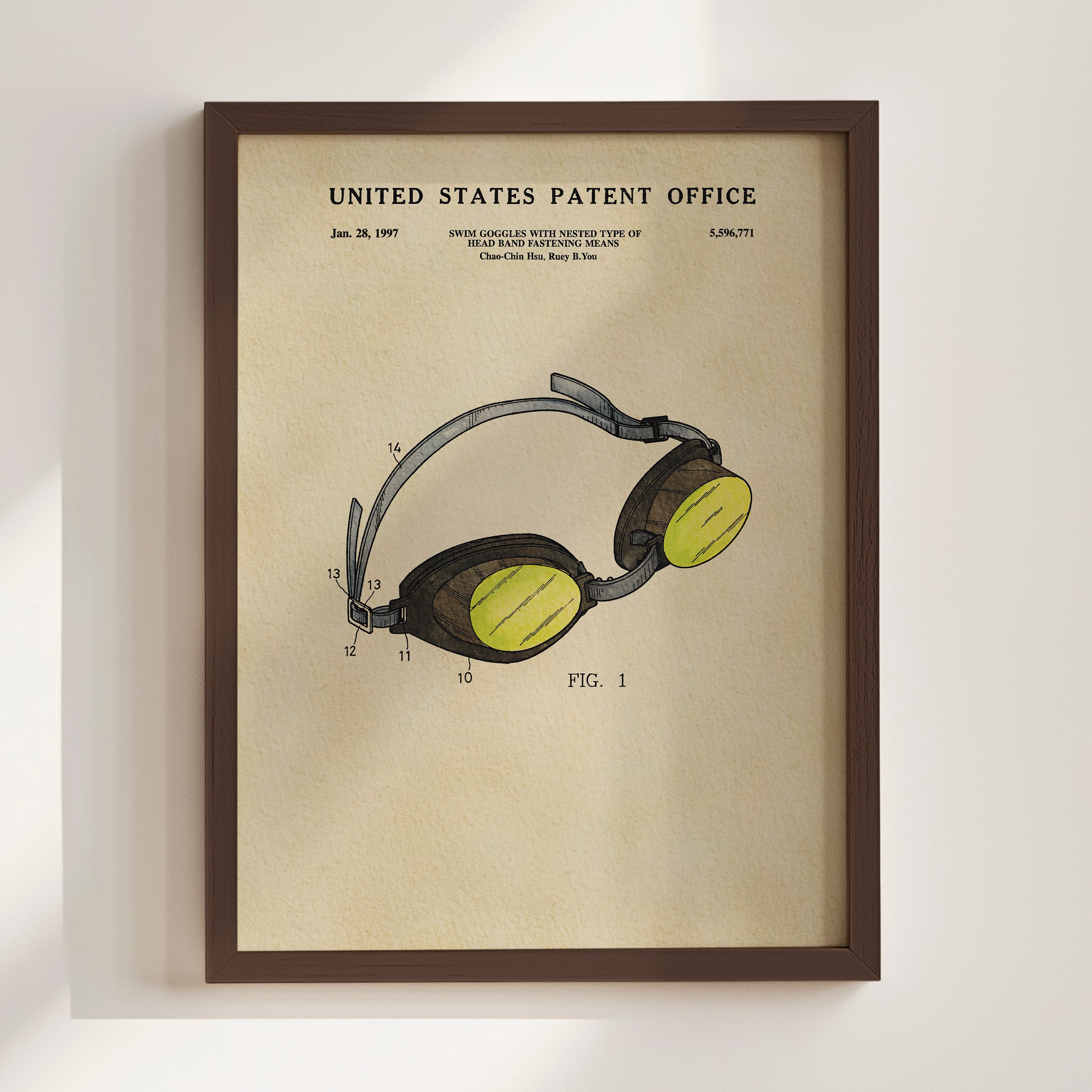 The image is a framed print of a swimming goggles patent from the United States Patent Office, dated January 28, 1997.