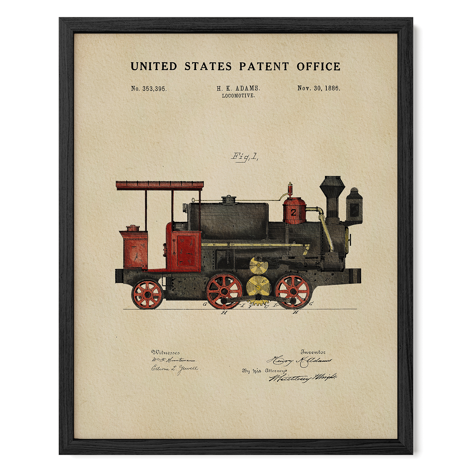 The image is a framed patent drawing of a steam locomotive, depicting a detailed illustration of the train's design and features.