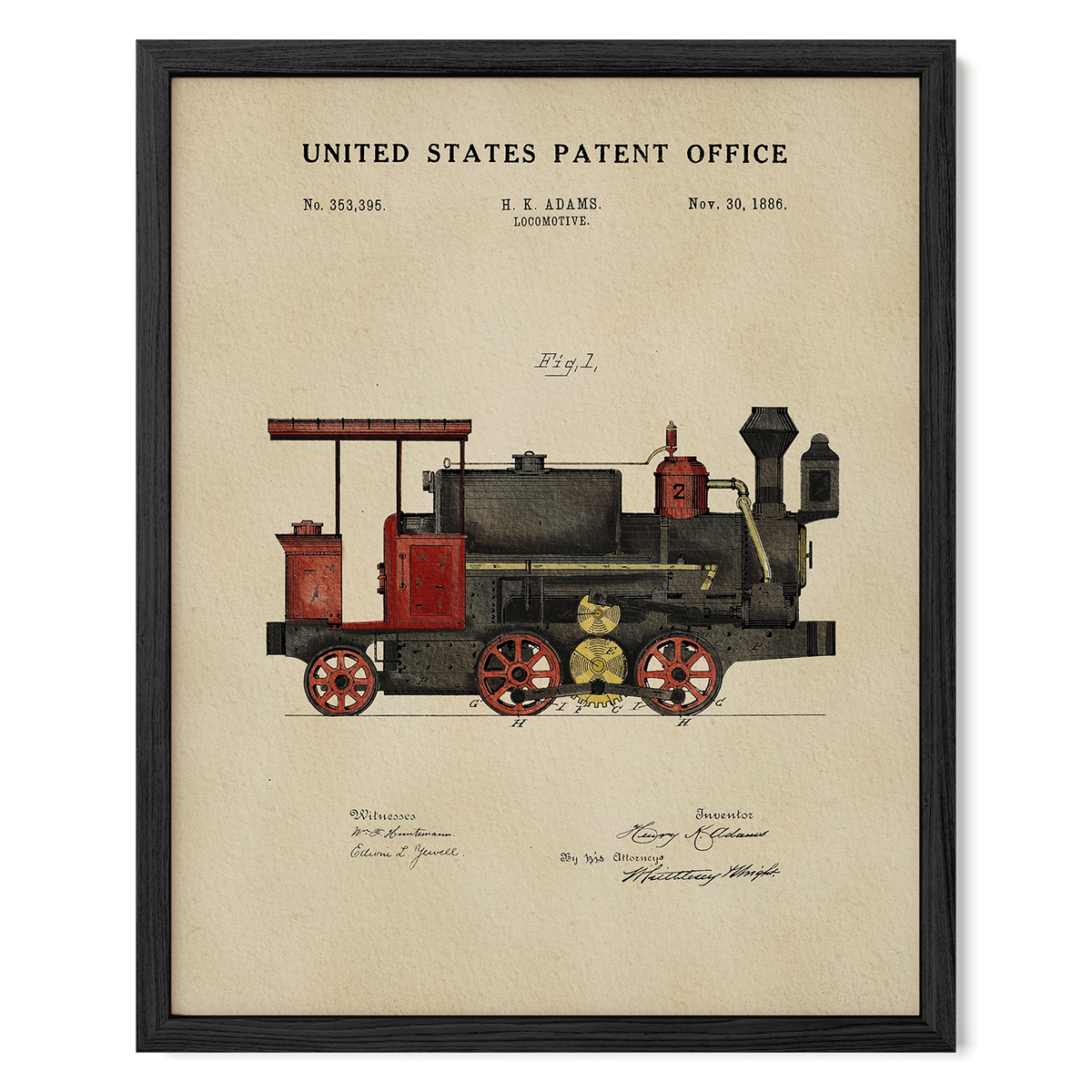 The image is a framed patent drawing of a steam locomotive, depicting a detailed illustration of the train's design and features.