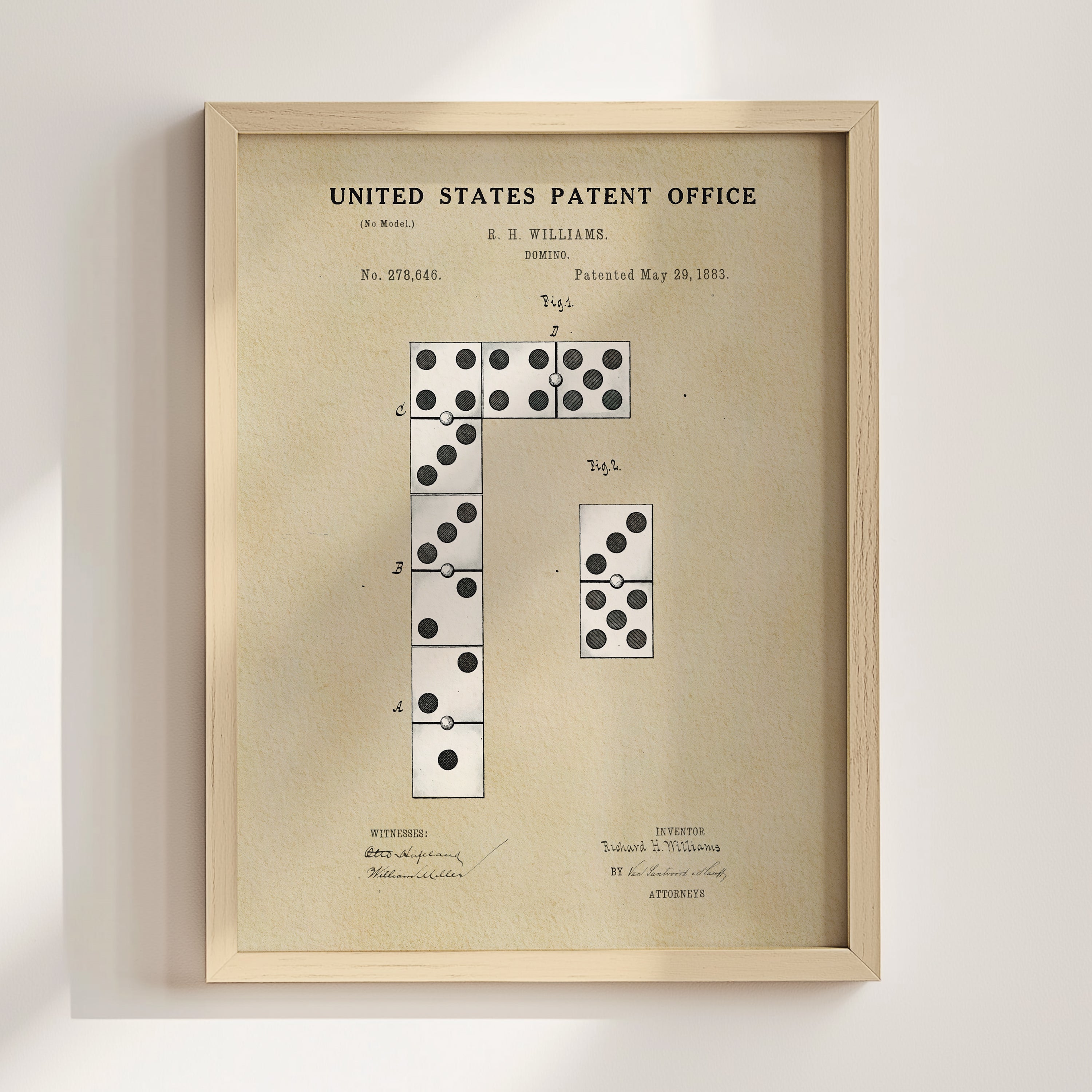 The image is a framed patent drawing depicting a domino setup with a series of dominoes arranged in a line.