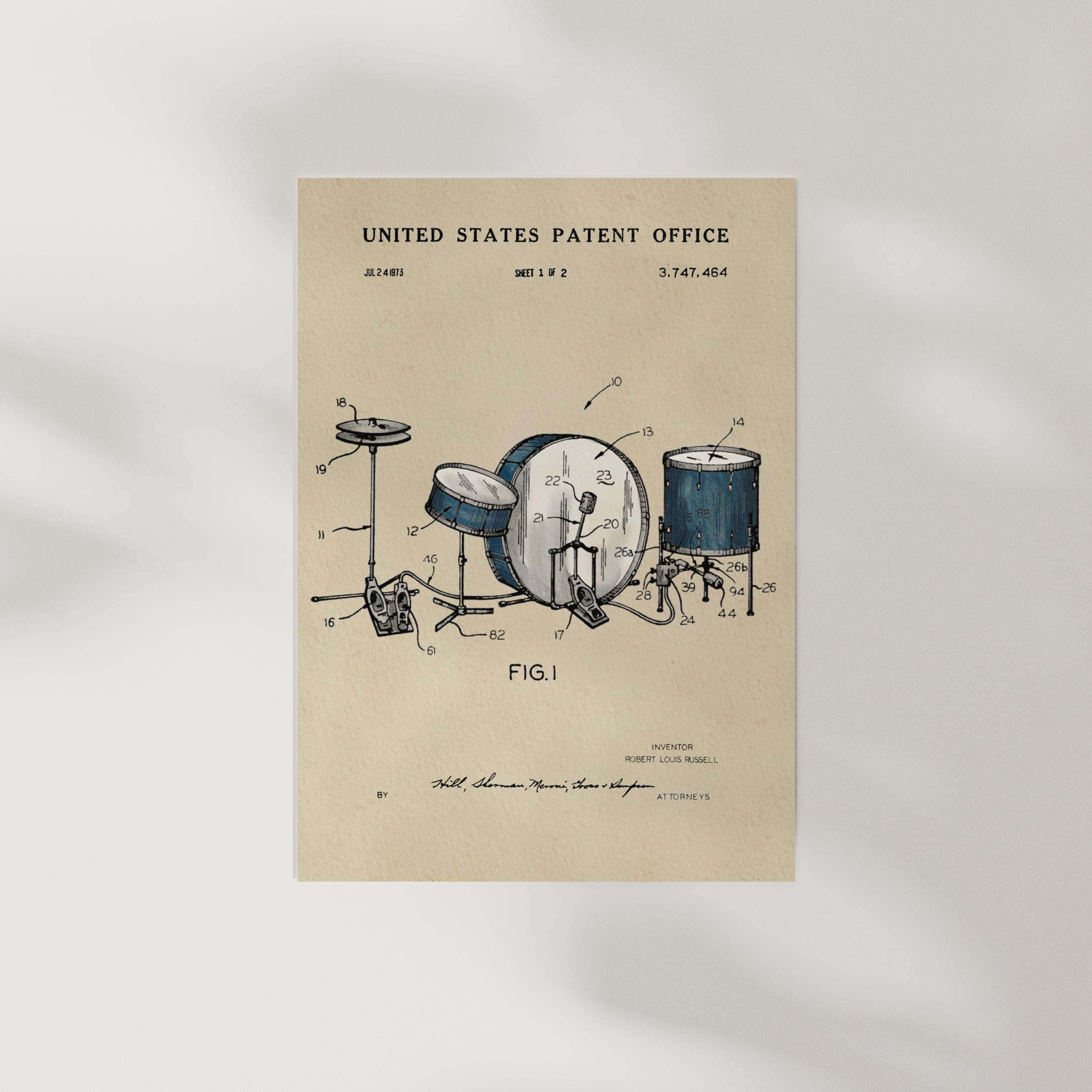 The image is a patent drawing of a drum set, depicting the various components and parts of the drum set in a technical drawing style.