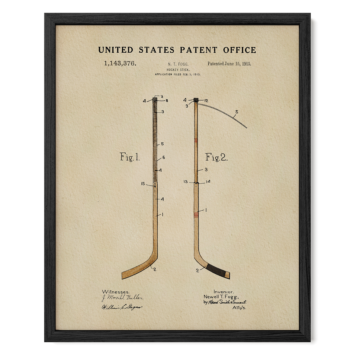 The image is a framed patent drawing from the United States Patent Office, depicting a hockey stick with a curved blade and a curved handle.