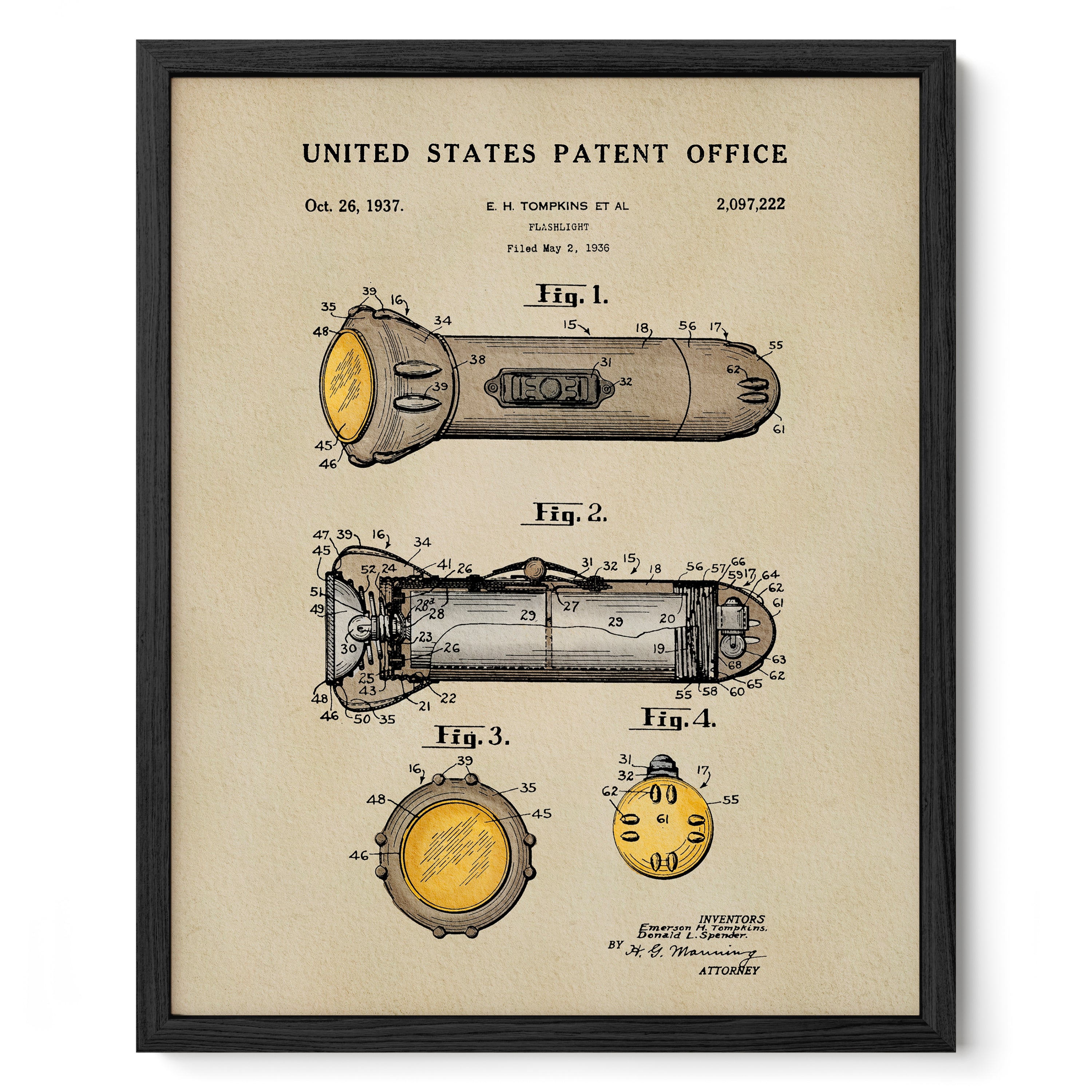 The image is a framed patent drawing depicting a flashlight, featuring detailed technical drawings and specifications.
