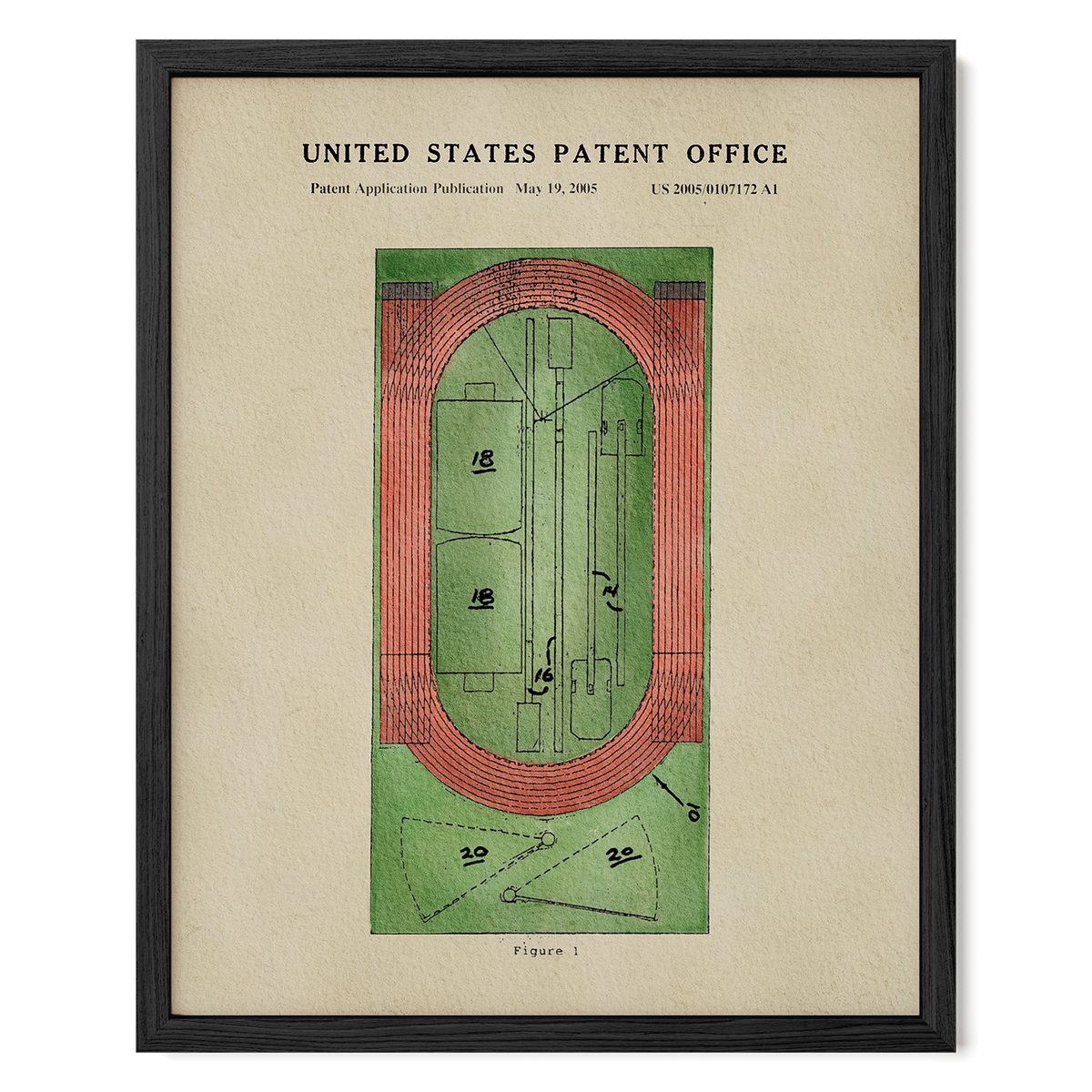 The image is a framed print depicting a vintage-style patent application from the United States Patent Office, dated May 19, 2005.