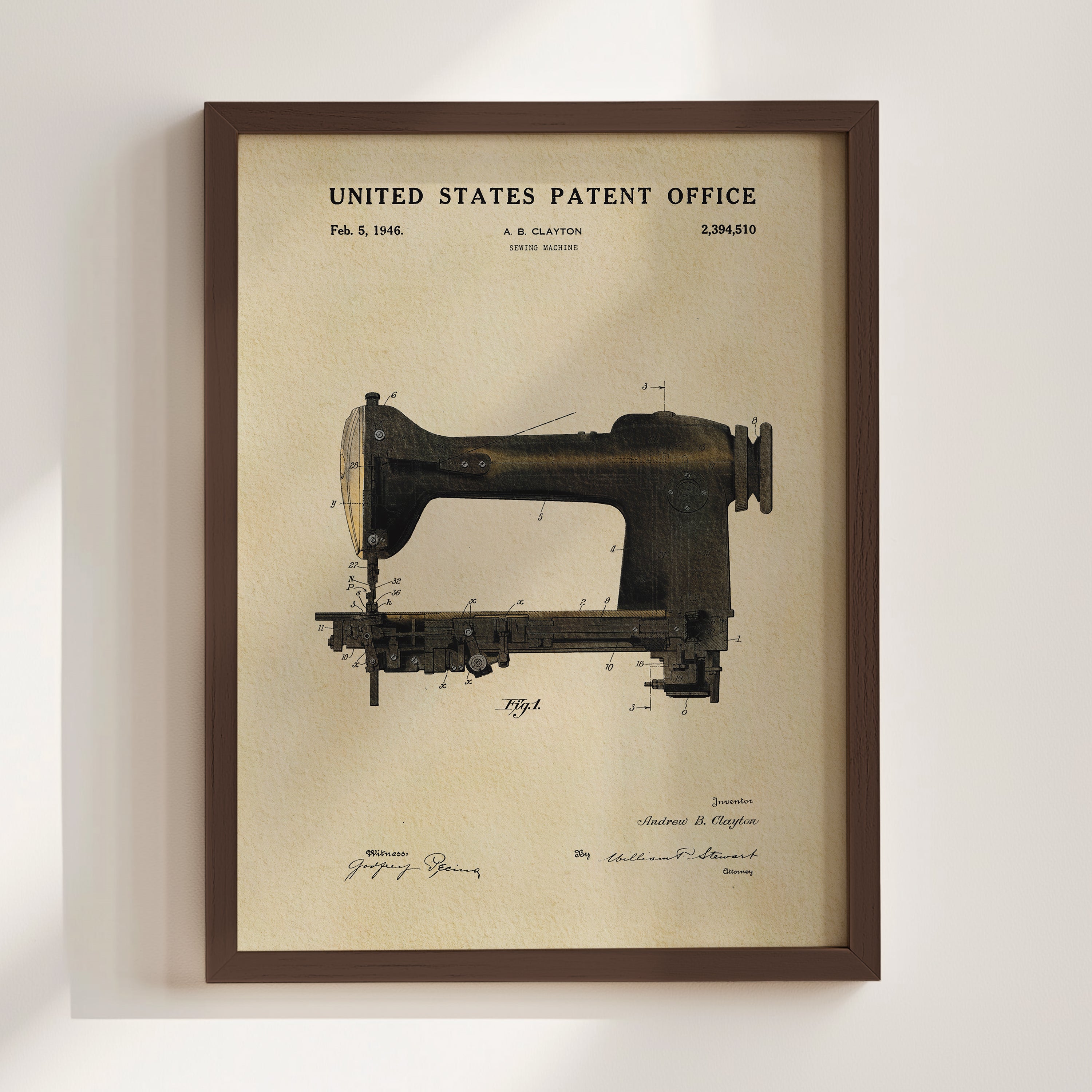 The image is a framed print of a sewing machine patent from the United States Patent Office, dated February 5, 1946.