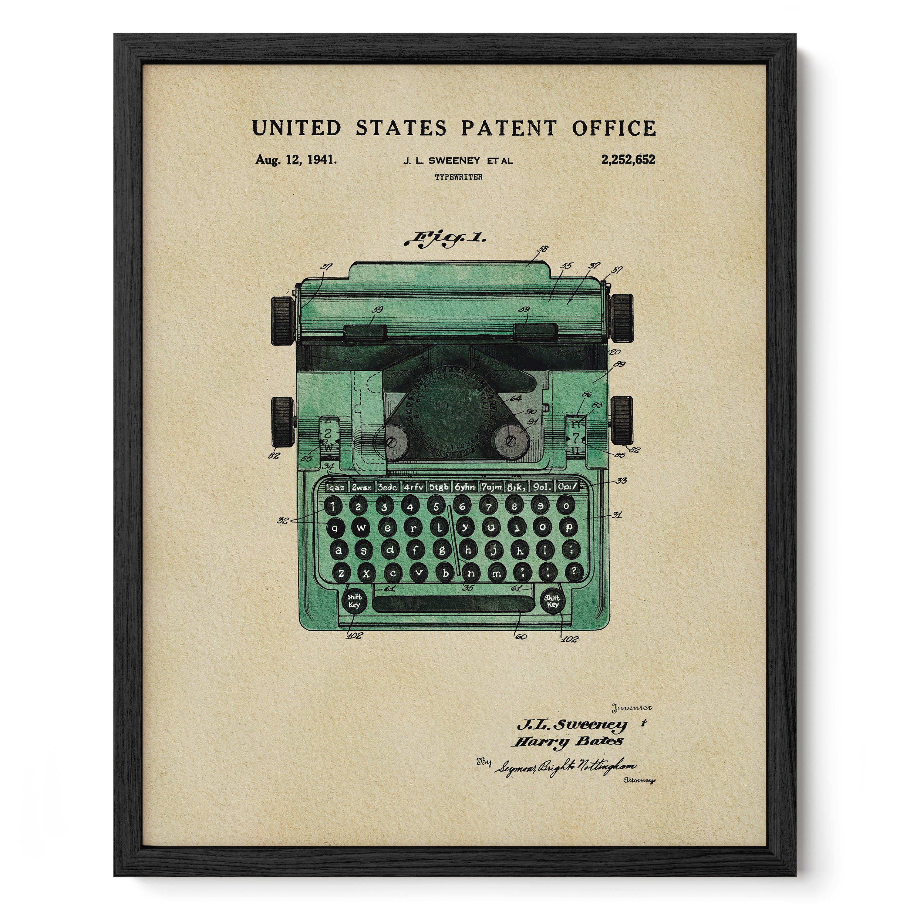 The image is a framed patent drawing of a typewriter, depicting the design and features of the device.
