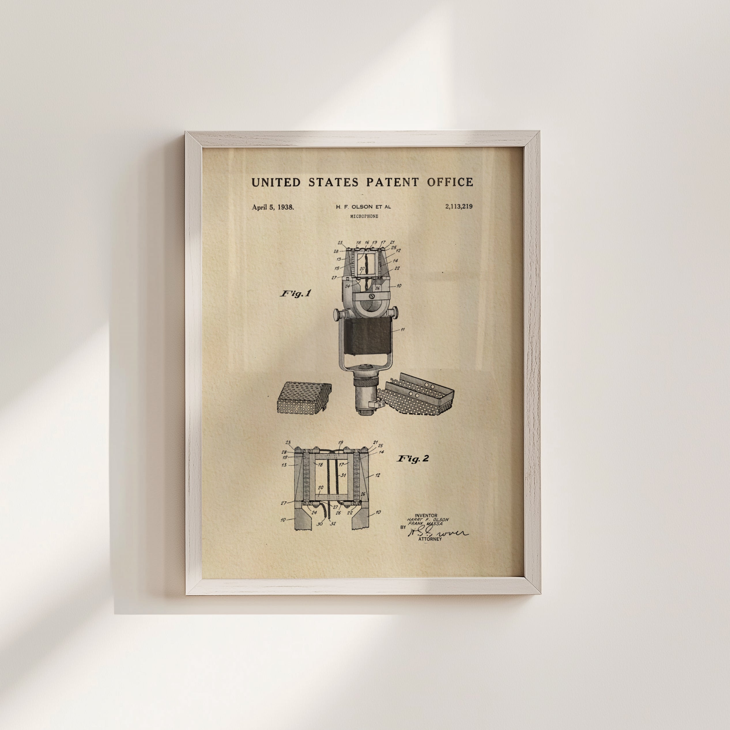 The image is a framed patent drawing from the United States Patent Office, dated April 5, 1938, depicting a microphone.