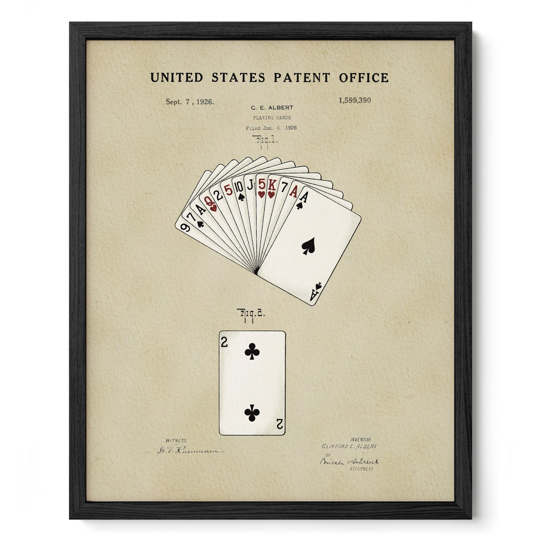 The image is a framed print depicting a patent application for a poker game, specifically the "Flush" poker game.