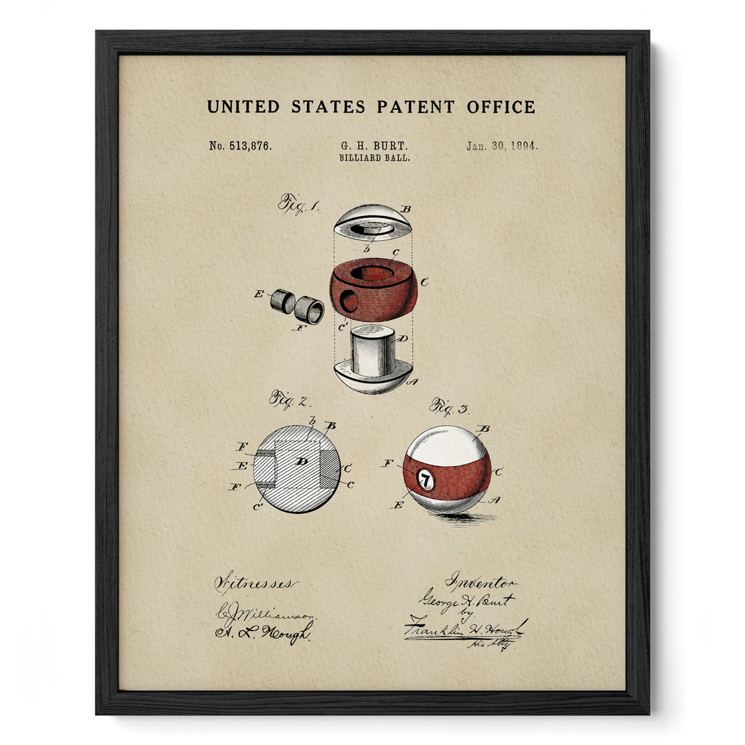 The image is a framed patent drawing from the United States Patent Office, depicting a red and white pool ball and a pool cue.