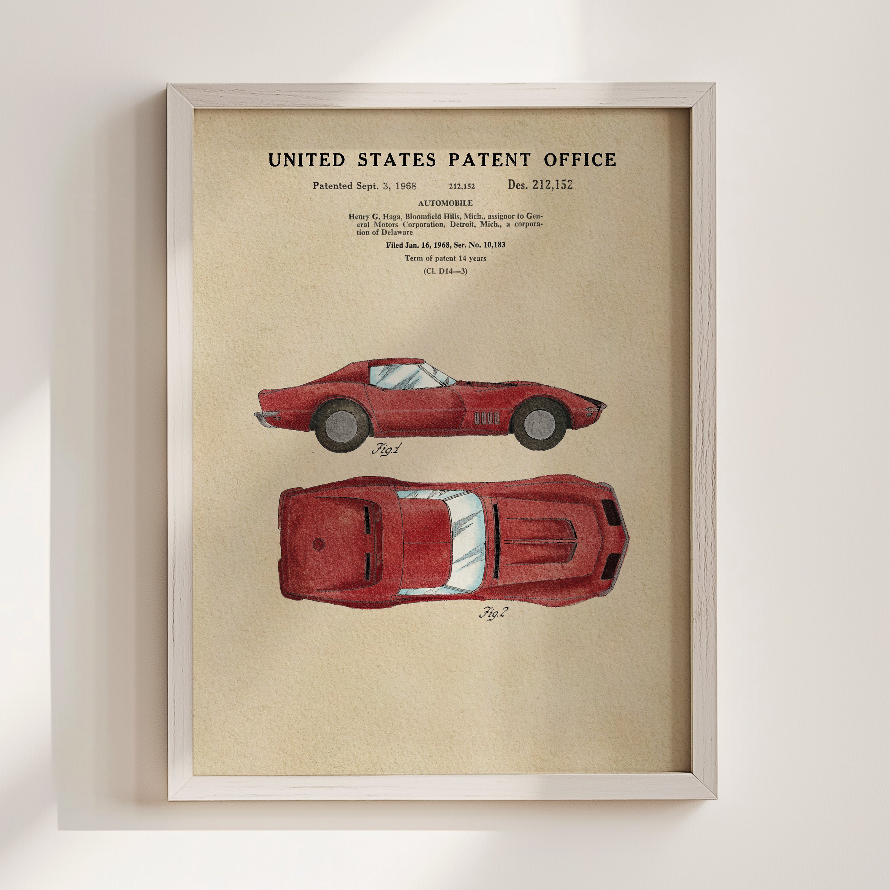 The image is a framed patent drawing of a red sports car, depicting the car's design and features.