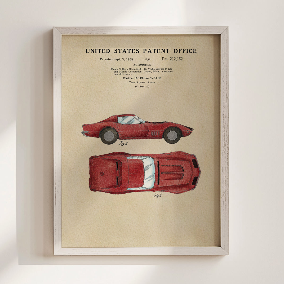 The image is a framed patent drawing of a red sports car, depicting the car's design and features.