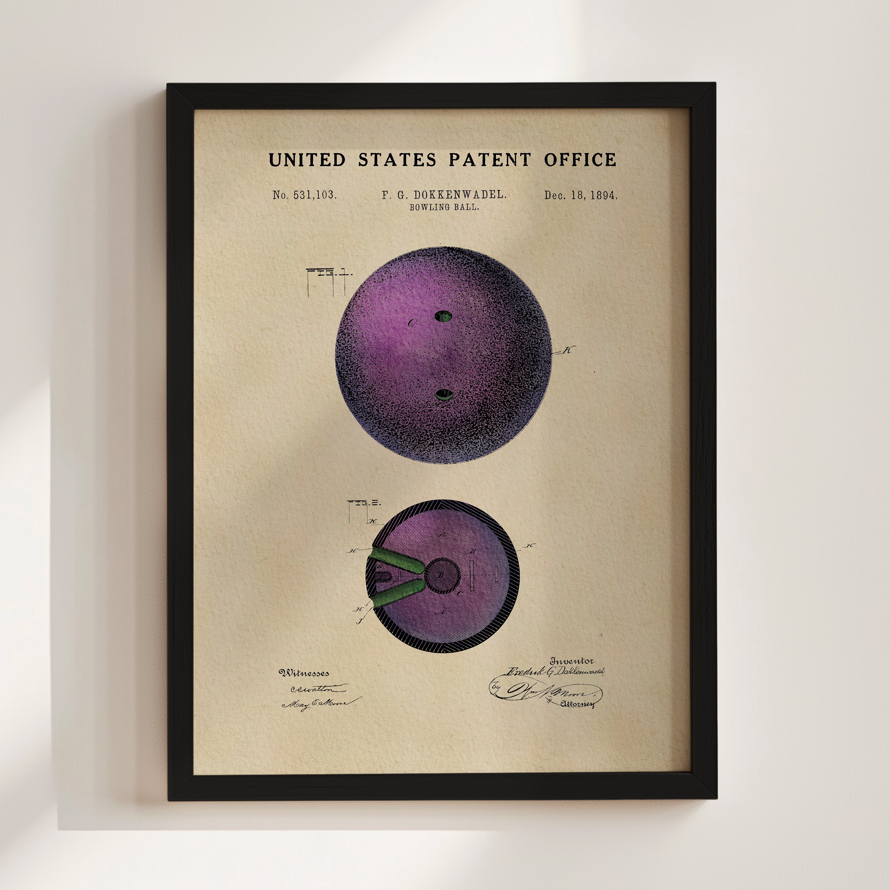 The image is a framed patent drawing depicting a bowling ball, with the United States Patent Office and a patent date visible.