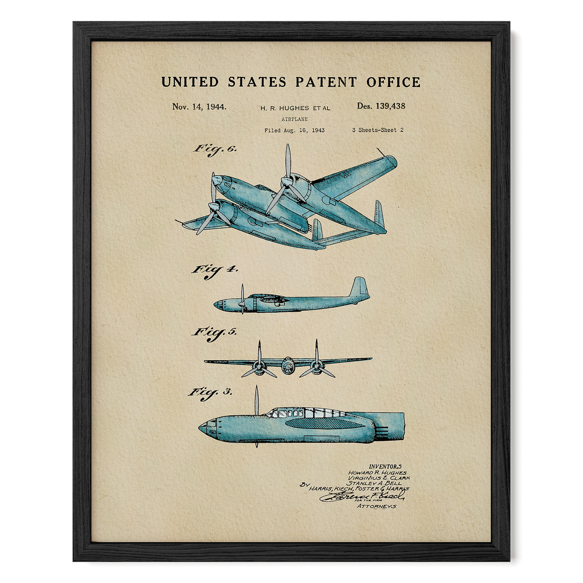 The image is a framed patent drawing of a blue airplane, depicting the design and features of the aircraft.