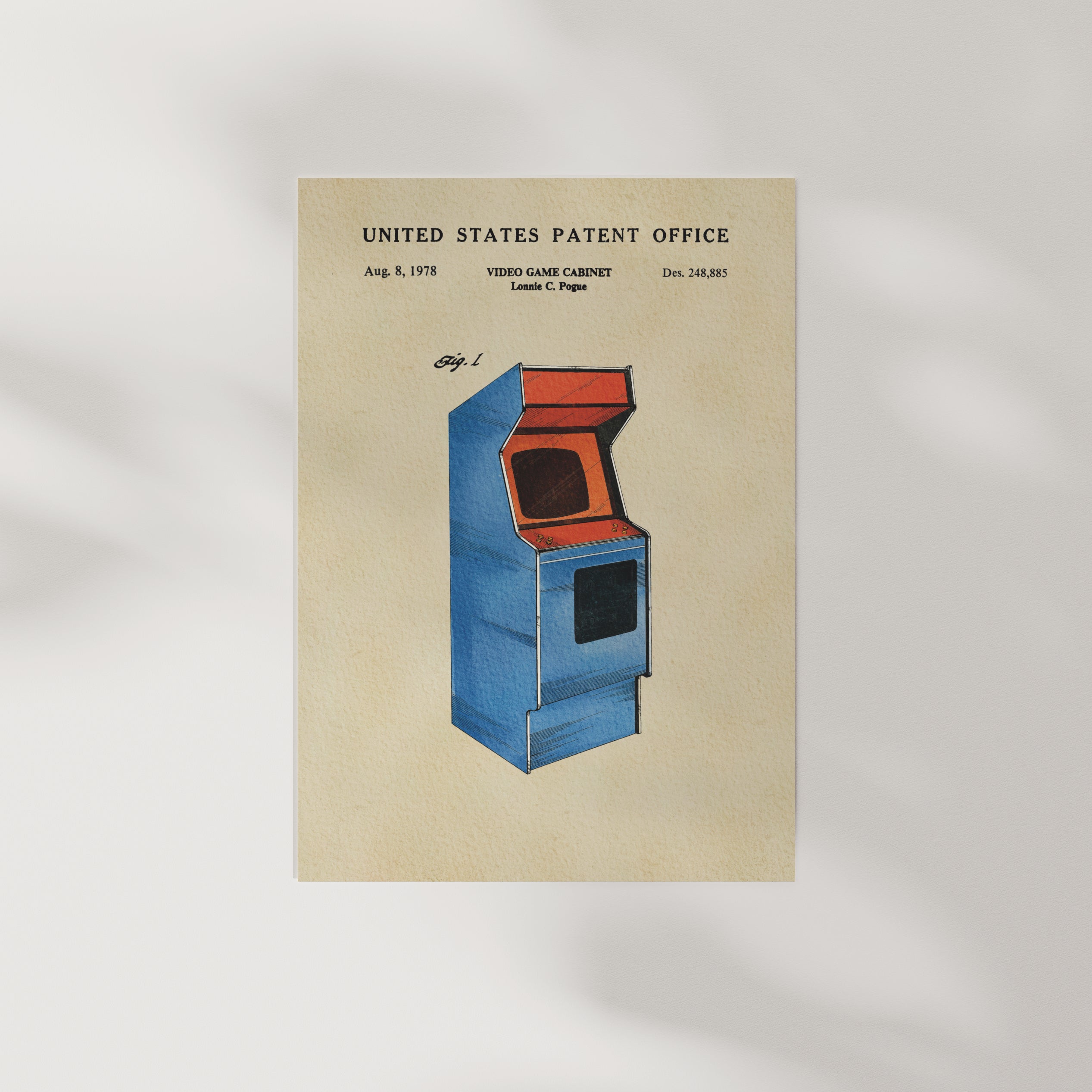 The image is a vintage United States patent office patent for a video game cabinet, dated August, 1978, and designed by Lorne C. Pogue.