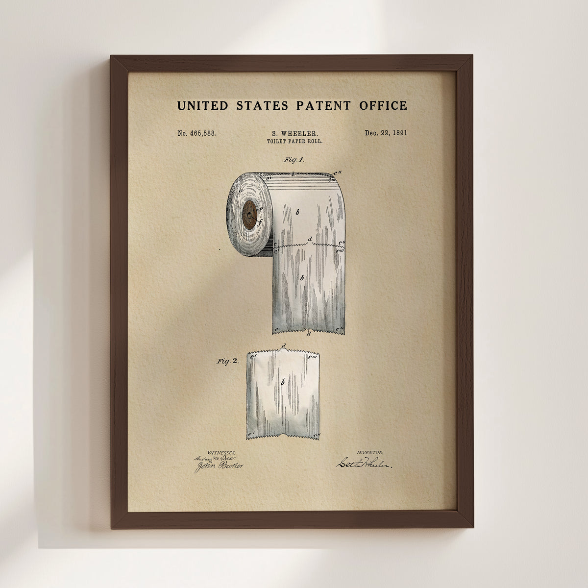 The image is a framed print of a United States patent office patent from December 22, 1901, titled "Toilet Paper Roll".