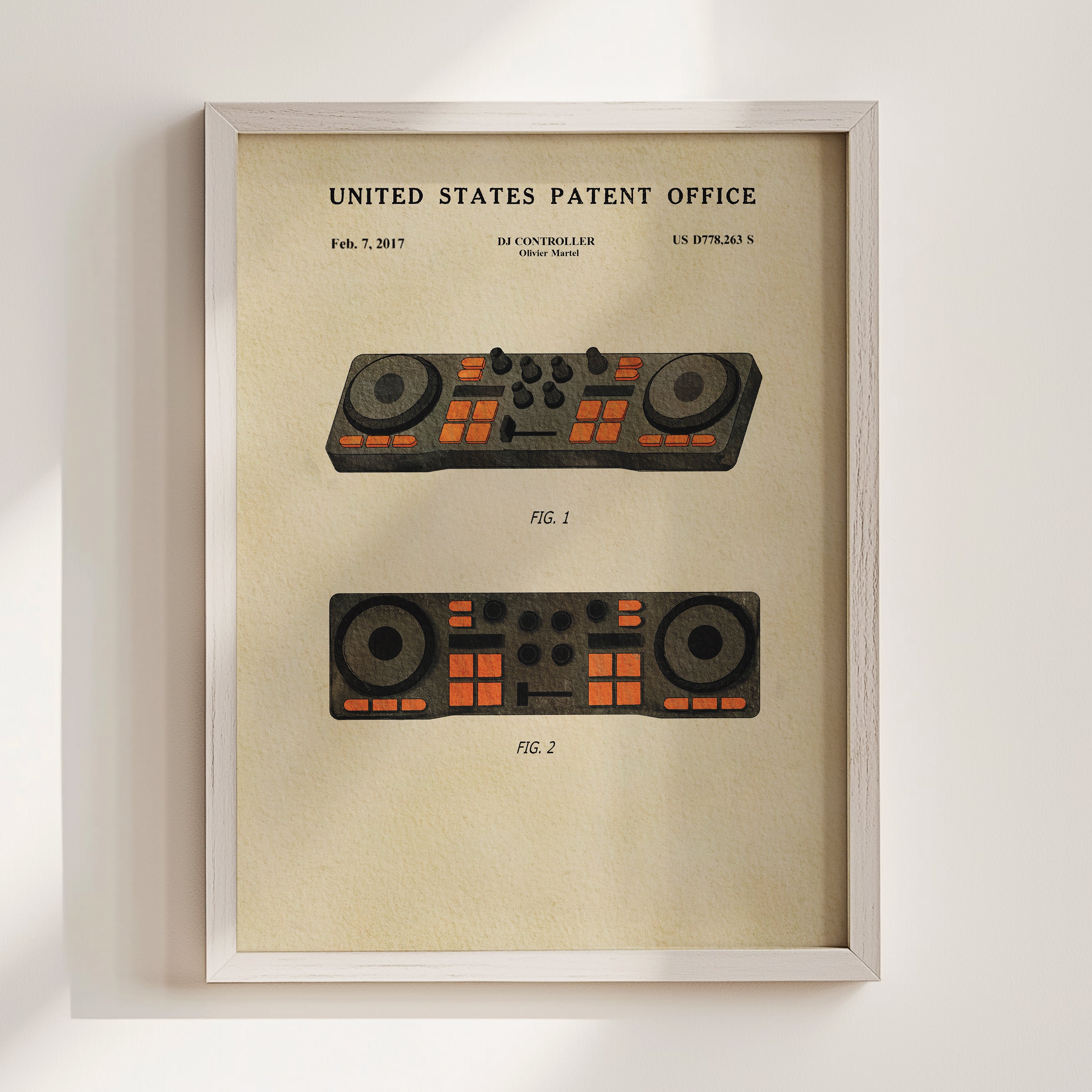 The image is a framed vintage patent drawing of a DJ controller, depicting two different controllers with orange buttons.