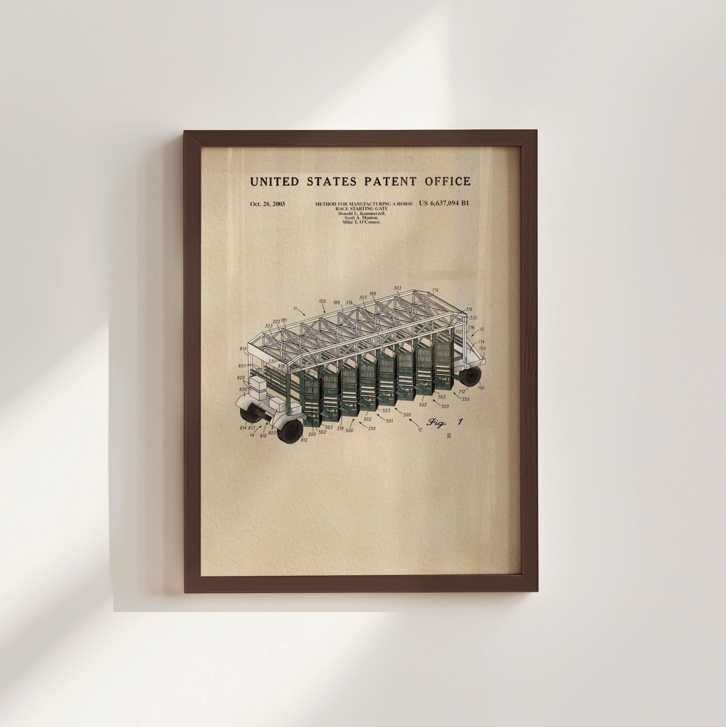 The image is a framed patent drawing depicting a vehicle with a detailed technical drawing and specifications.