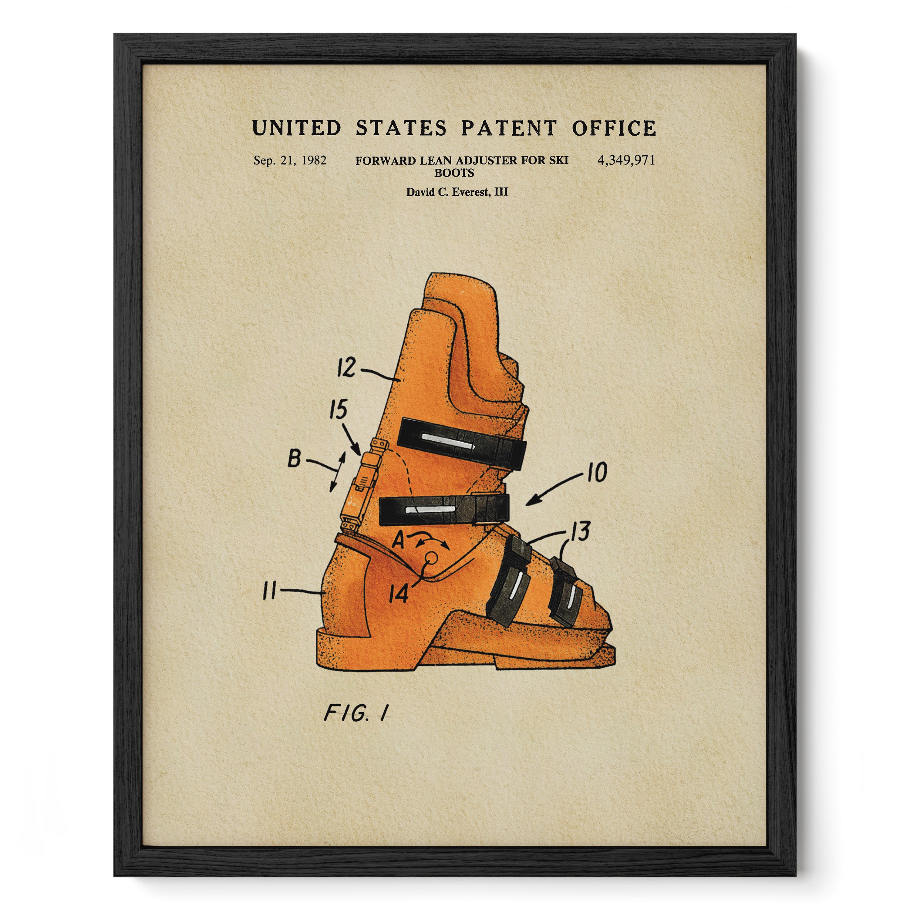 The image is a framed patent drawing depicting a pair of orange ski boots with various numbered straps and buckles.