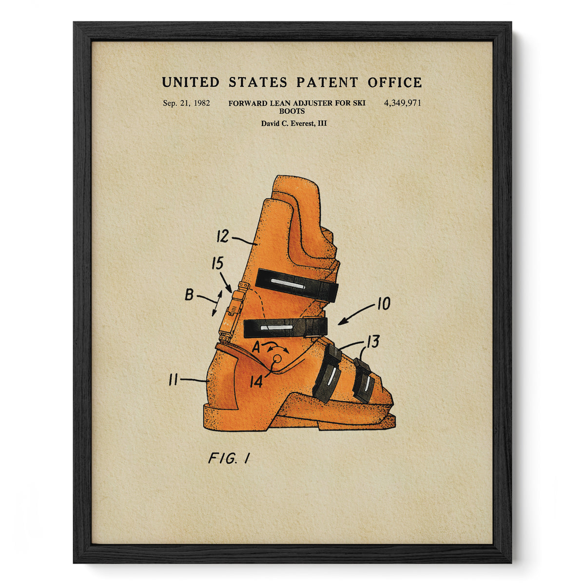 The image is a framed patent drawing depicting a pair of orange ski boots with various numbered straps and buckles.