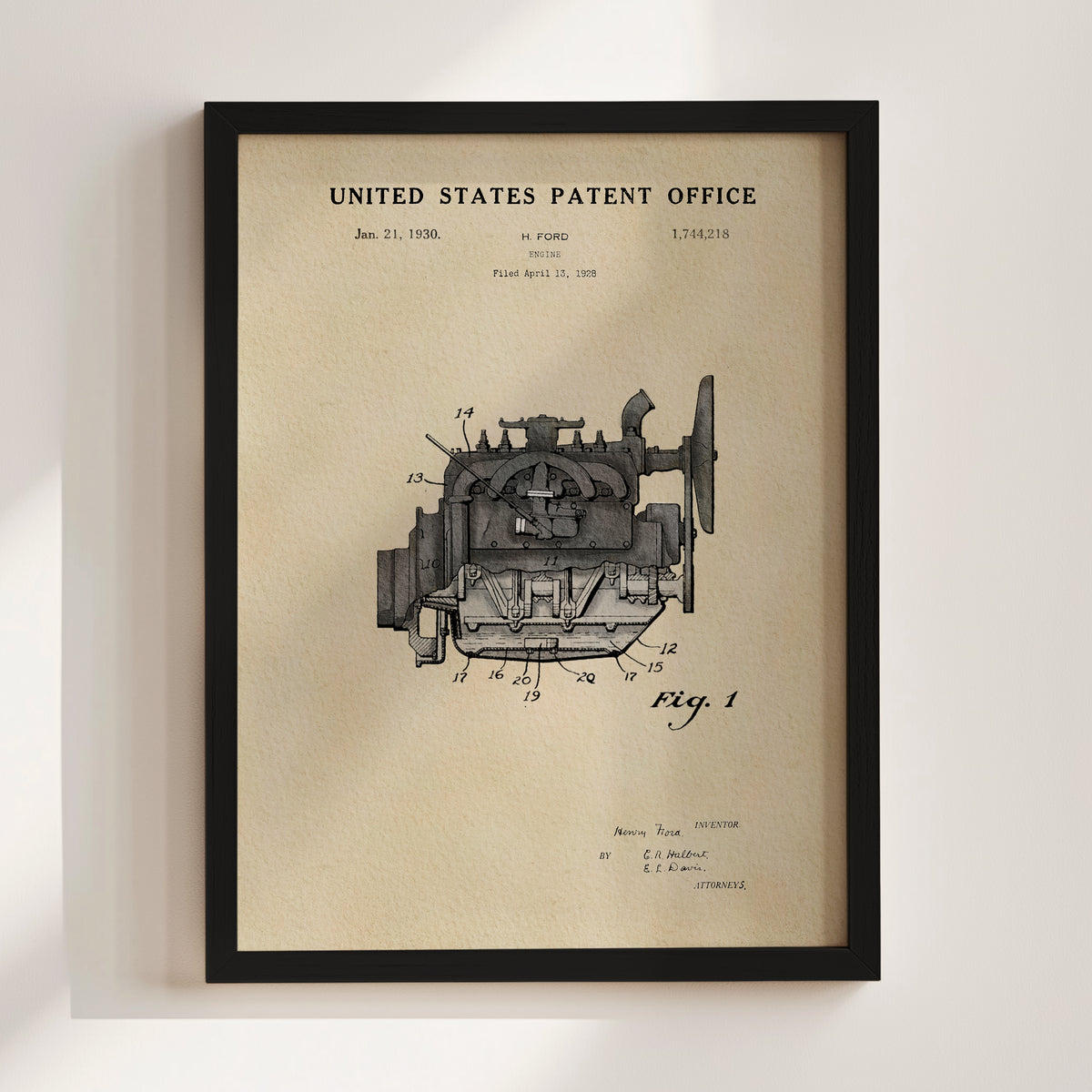 The image is a framed patent drawing depicting an engine, which is a piece of machinery used for propulsion.
