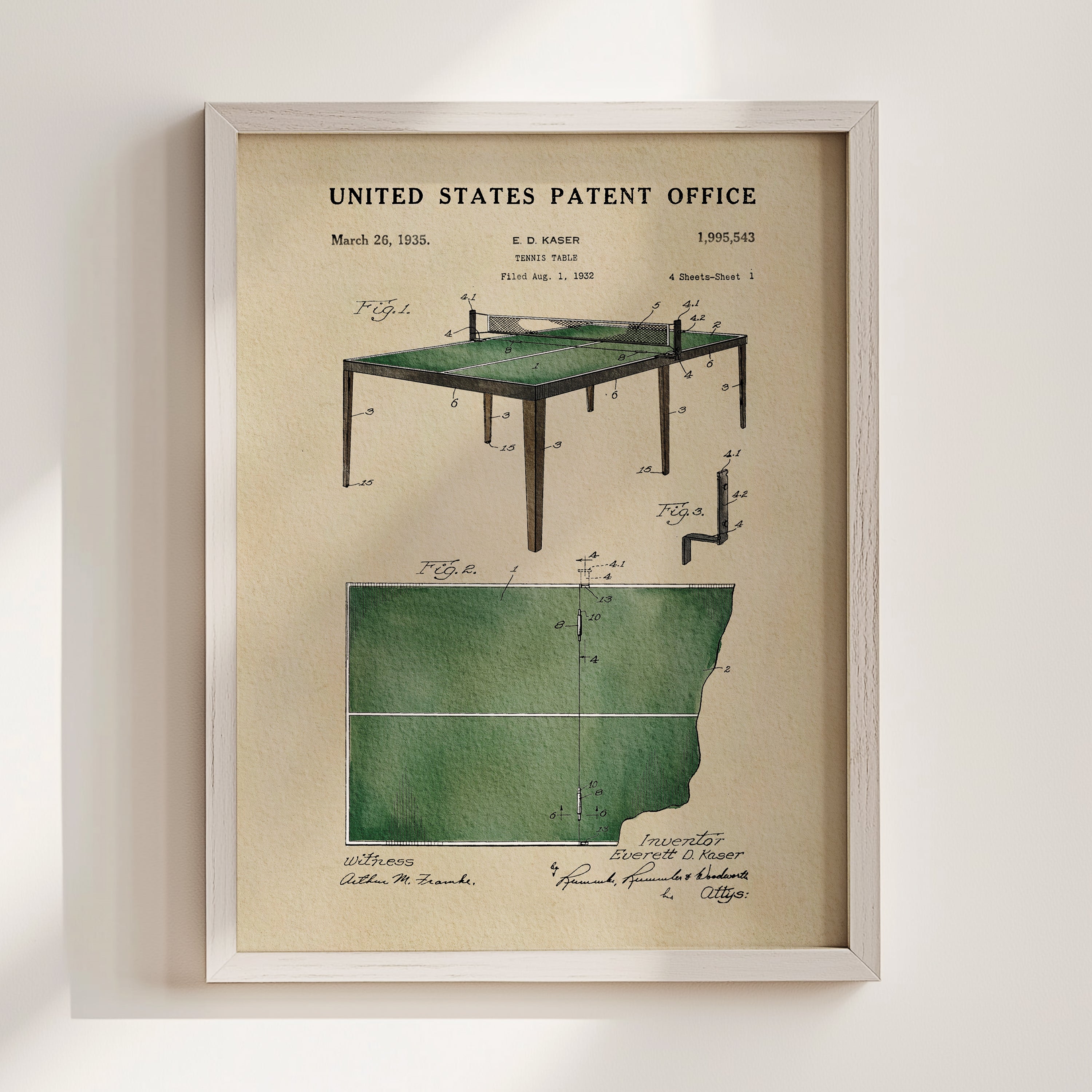 The image is a framed patent drawing depicting a table tennis table with a green top, along with a diagram of the table and its components.