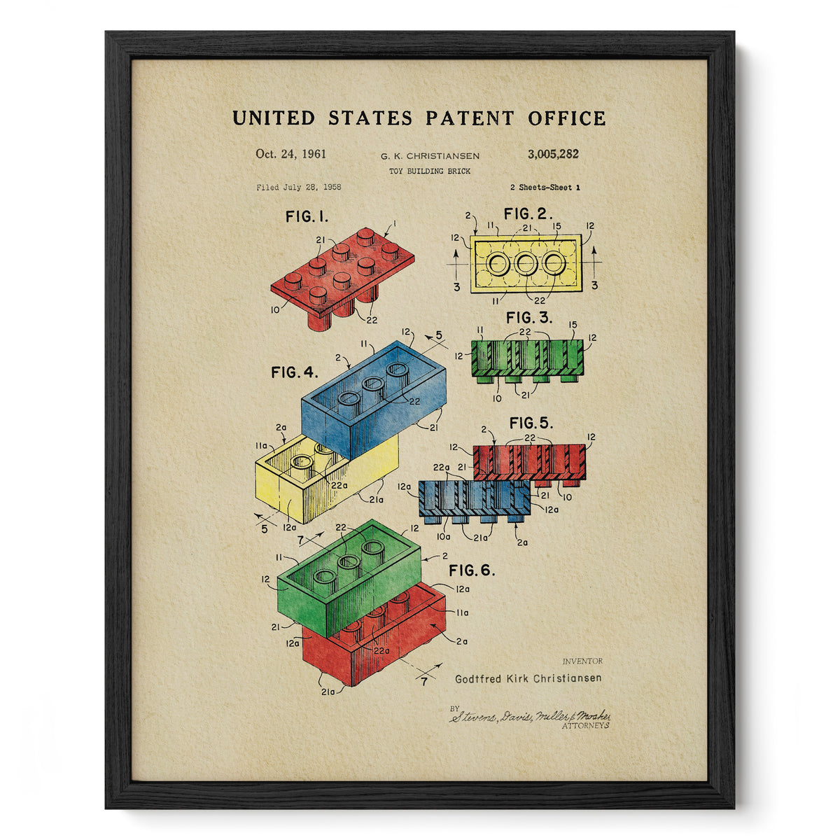 The image is a framed patent drawing depicting various Lego brick designs, including a brick with a hole in the center.