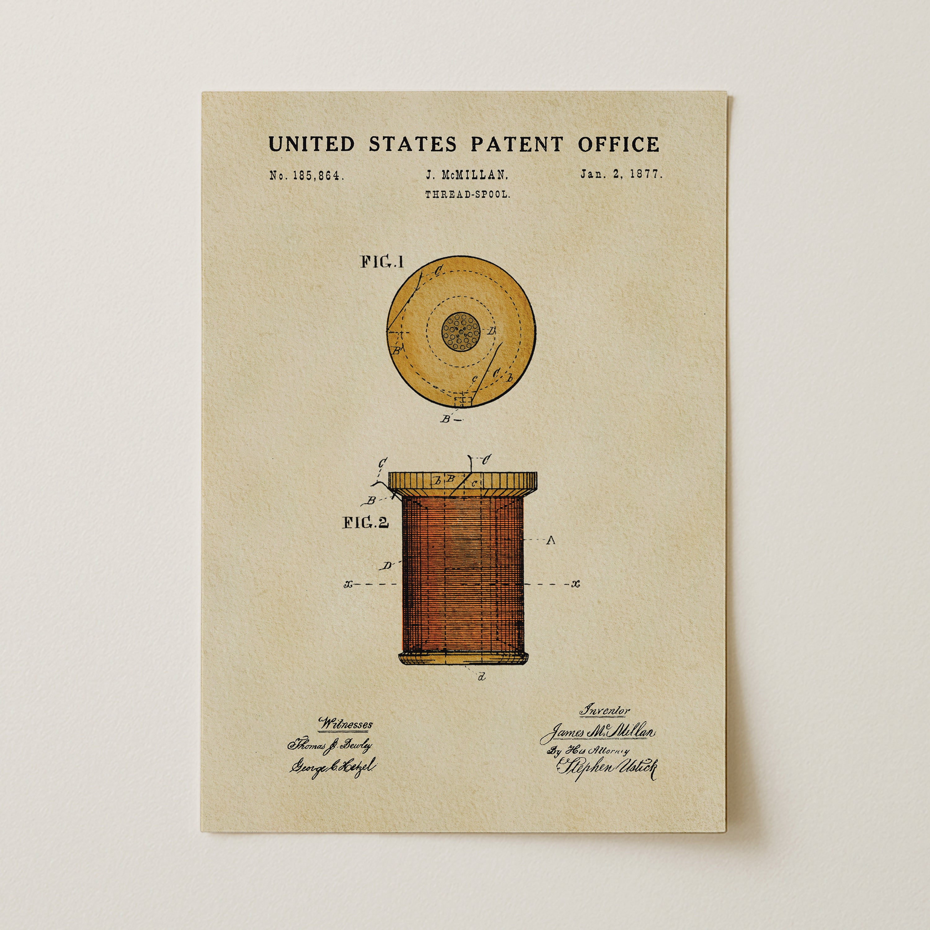 The image is a vintage United States patent office patent drawing for a spool of thread.