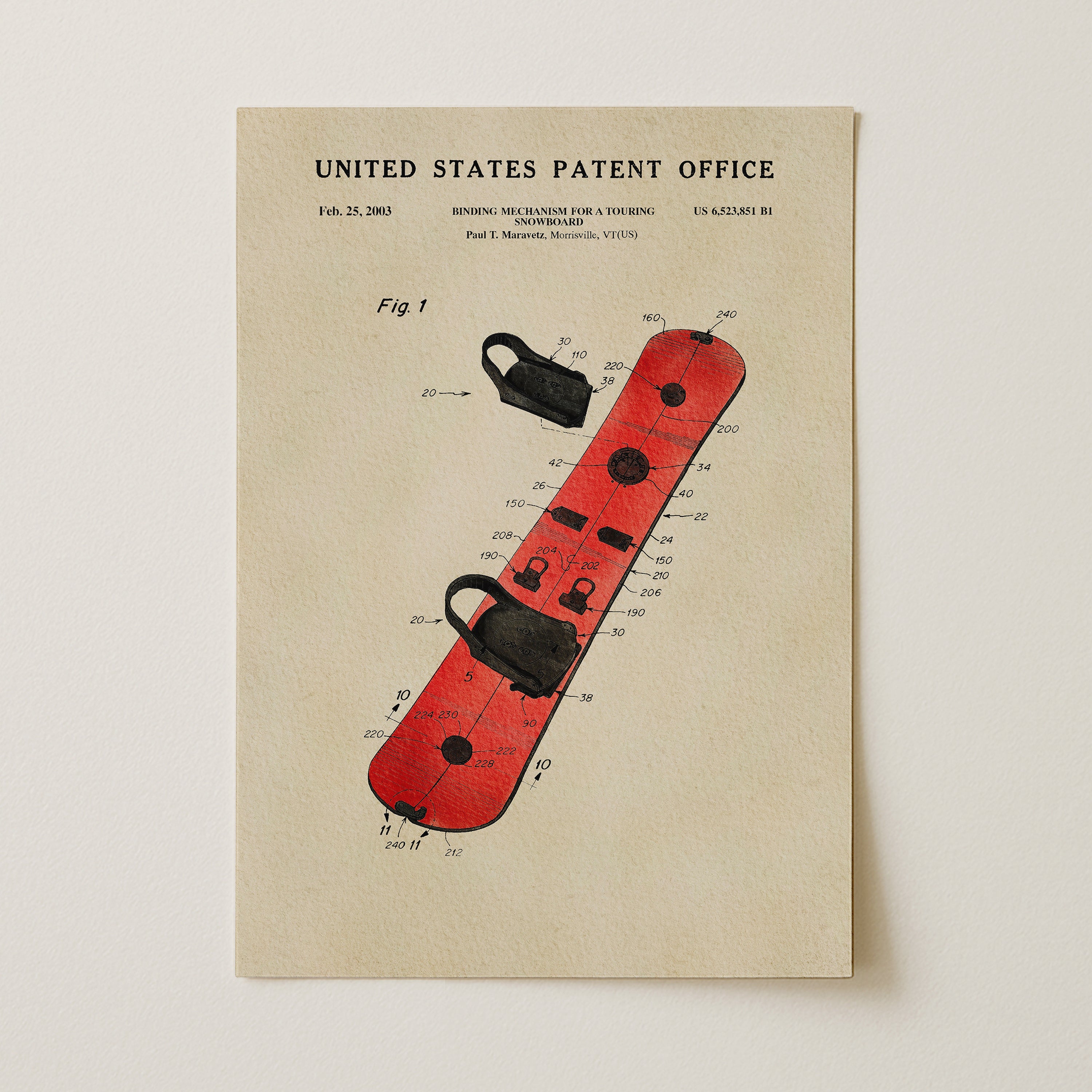 A printed page from the United States Patent Office showing a red snowboard with various technical drawings and specifications.