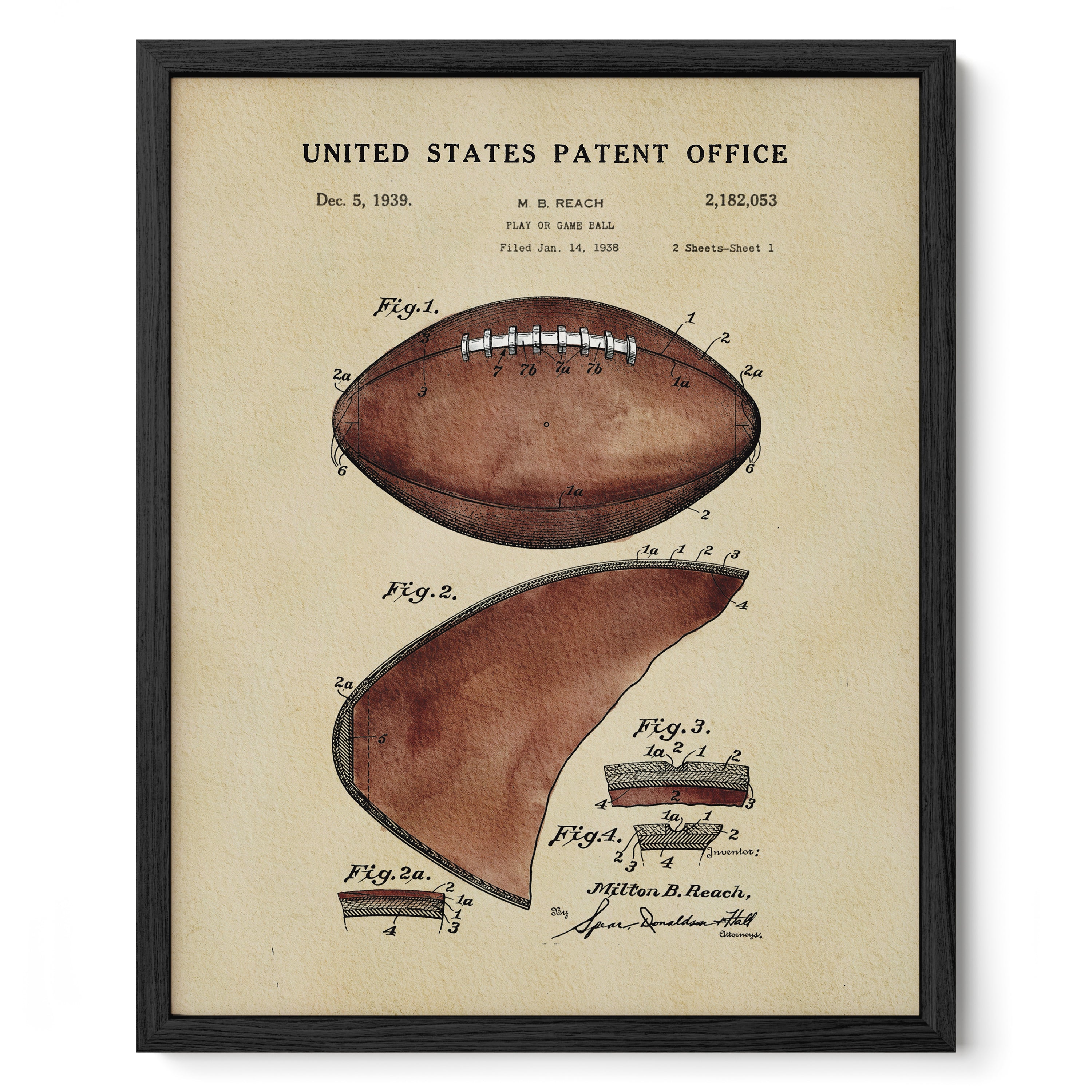 The image is a framed vintage patent drawing of a football, depicting the design and features of the ball.