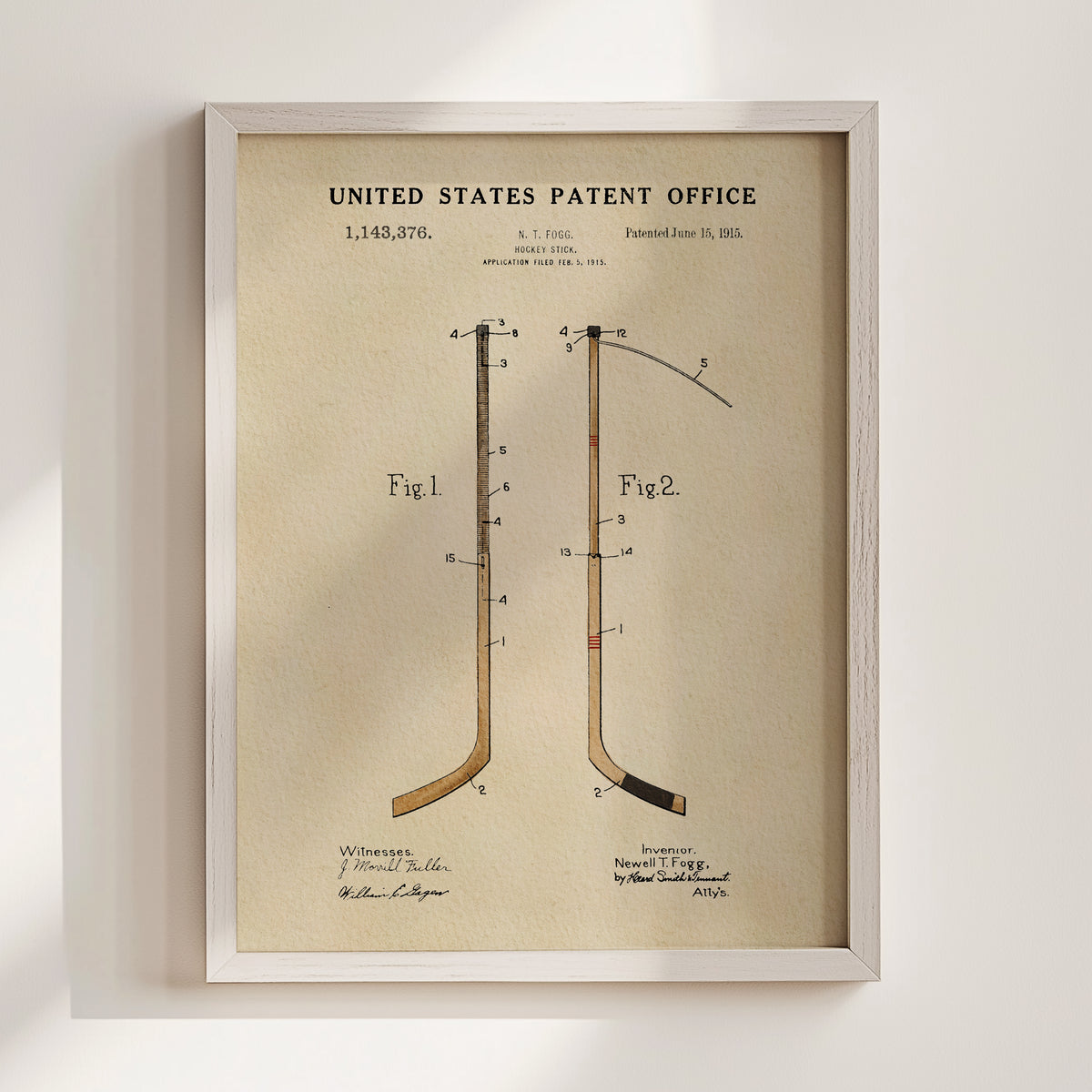 The image is a framed print of a patent drawing from the United States Patent Office, depicting a hockey stick with a diagram and text.