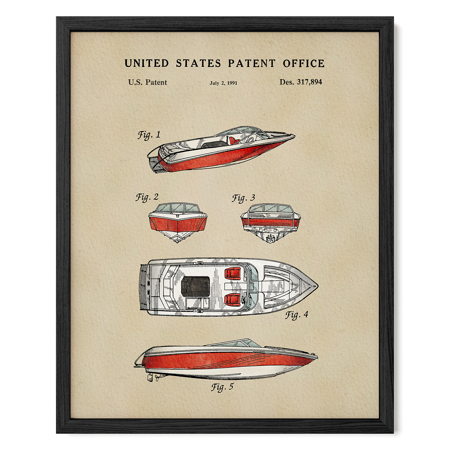 The image is a framed patent illustration depicting various designs of boats, including a red and white boat, a white and red boat, and a red and white boat.