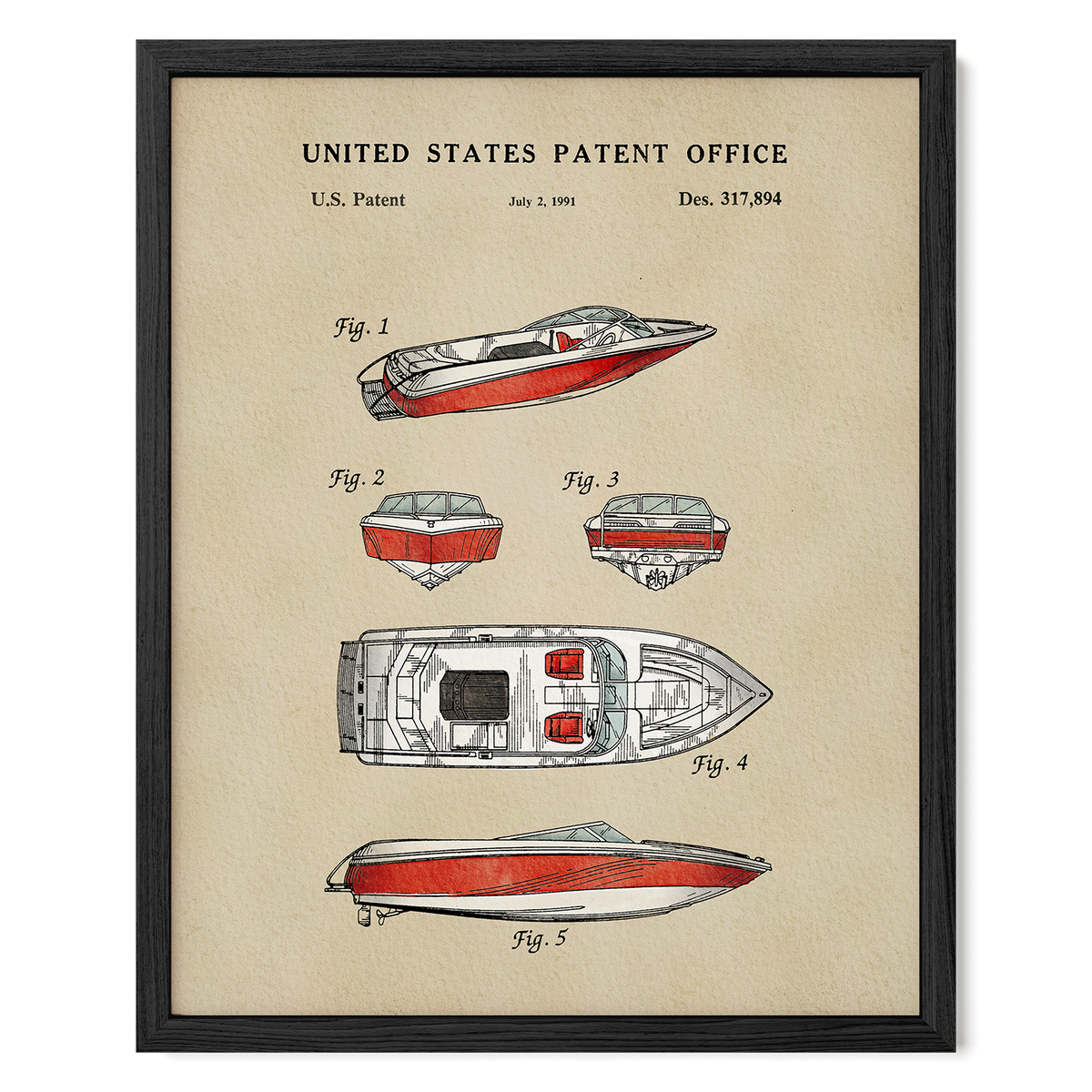 The image is a framed patent illustration depicting various designs of boats, including a red and white boat, a white and red boat, and a red and white boat.