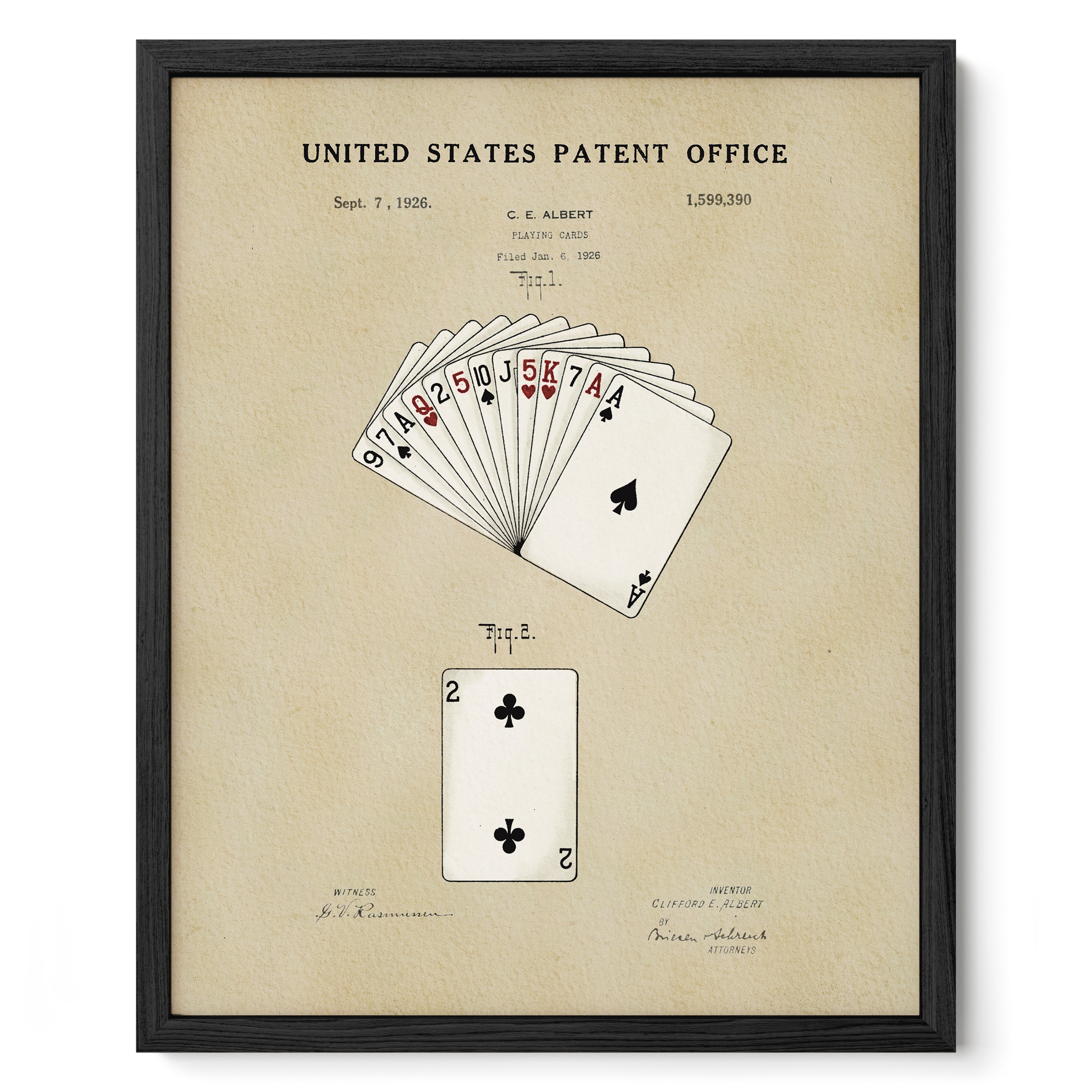 The image is a framed print of a patent application from the United States Patent Office, dated September 7, 1928, and titled "Playing Cards, A." It features a detailed illustration of a deck of playing cards, including the king, queen, jack, and two aces.