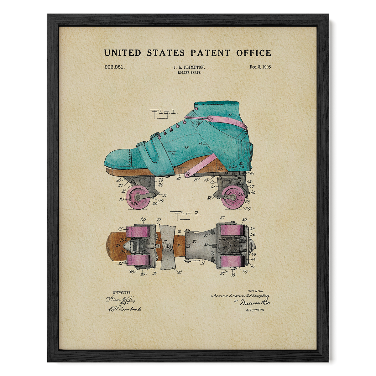 A framed patent drawing of a roller skate, depicting the design and features of the skateboard.