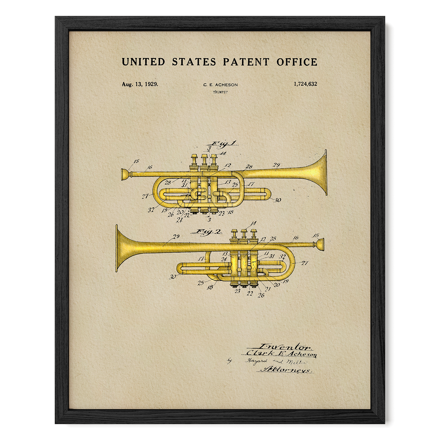 The image is a framed patent drawing of a trumpet, depicting the design and features of the instrument.
