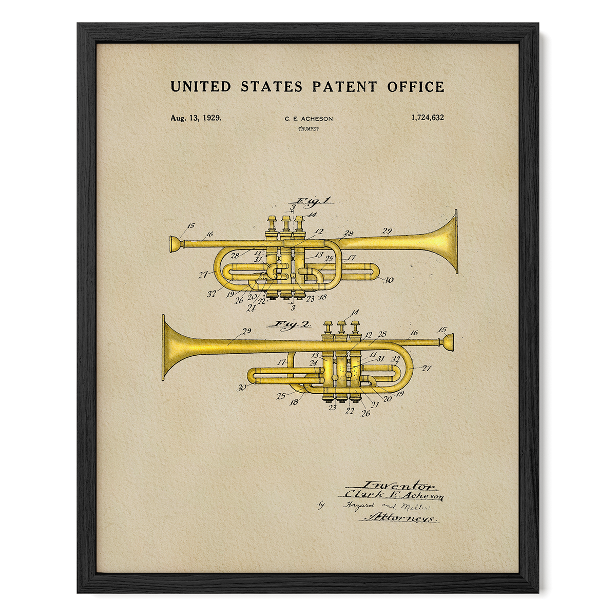 The image is a framed patent drawing of a trumpet, depicting the design and features of the instrument.
