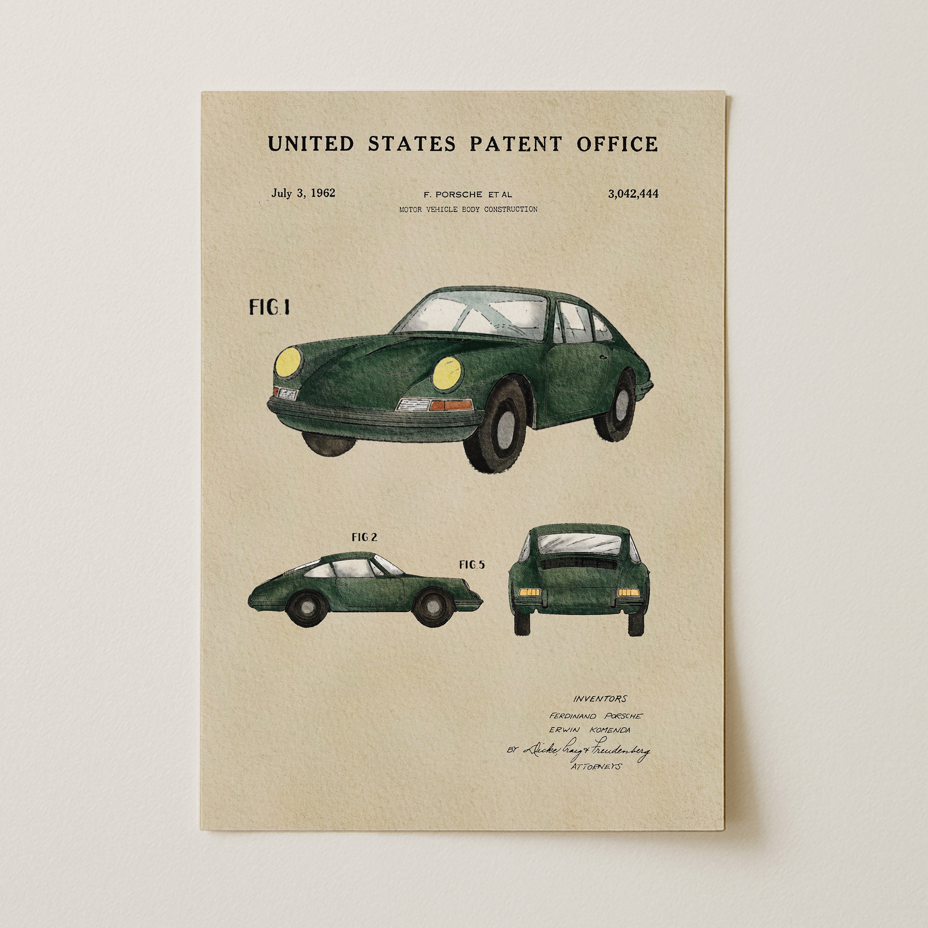 The image is a patent drawing of a green Porsche 911 car, depicting the car's design and features.