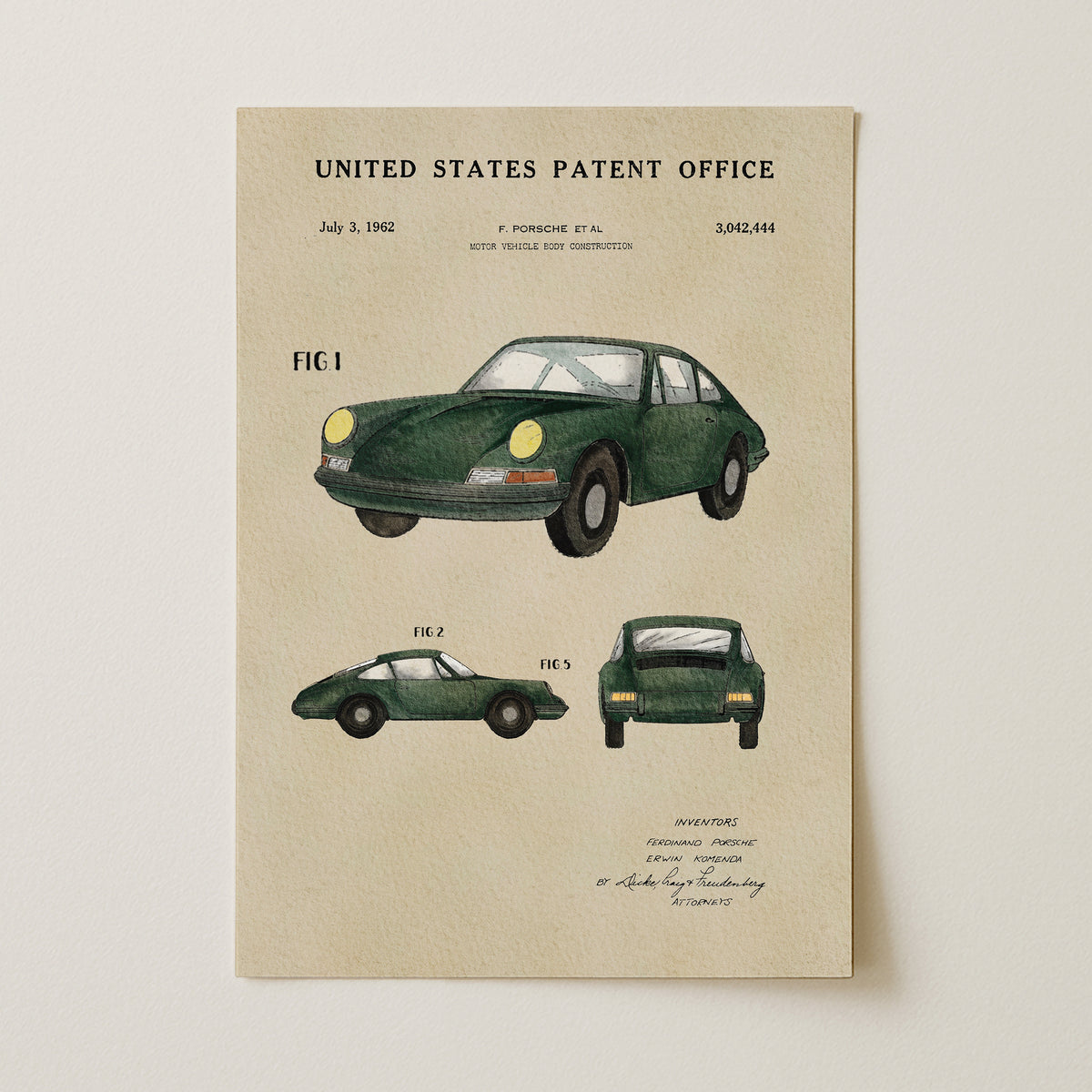 The image is a patent drawing of a green Porsche 911 car, depicting the car's design and features.