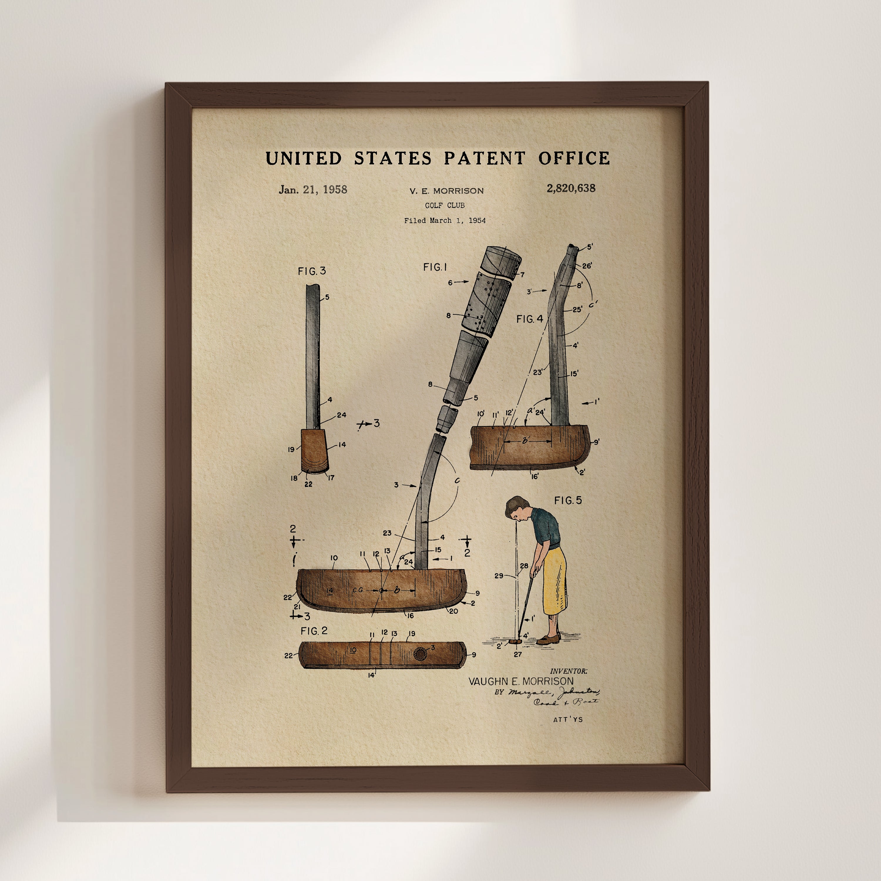 The image is a framed patent drawing depicting a golf club, specifically a putter, with various technical drawings and annotations.