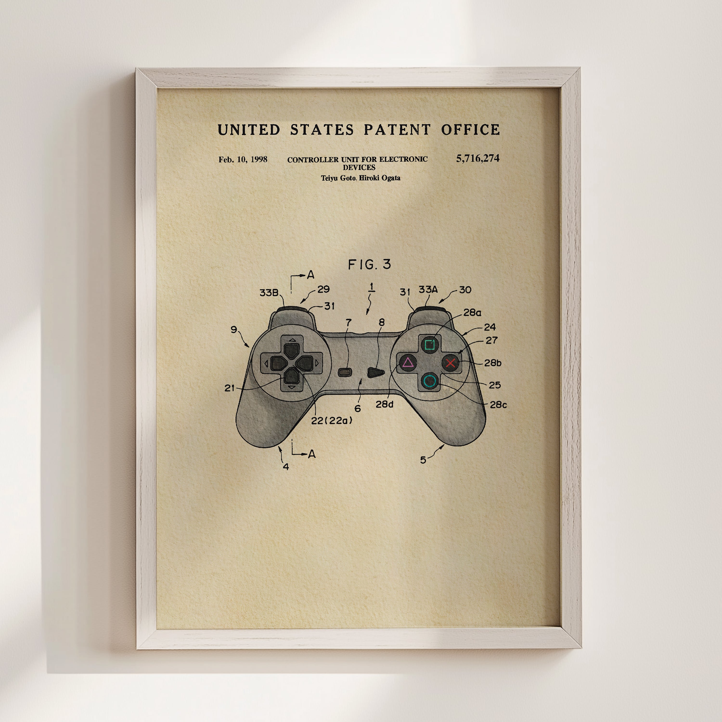 The image is a framed patent drawing of a controller for an electronic device, specifically a Nintendo Wii console.