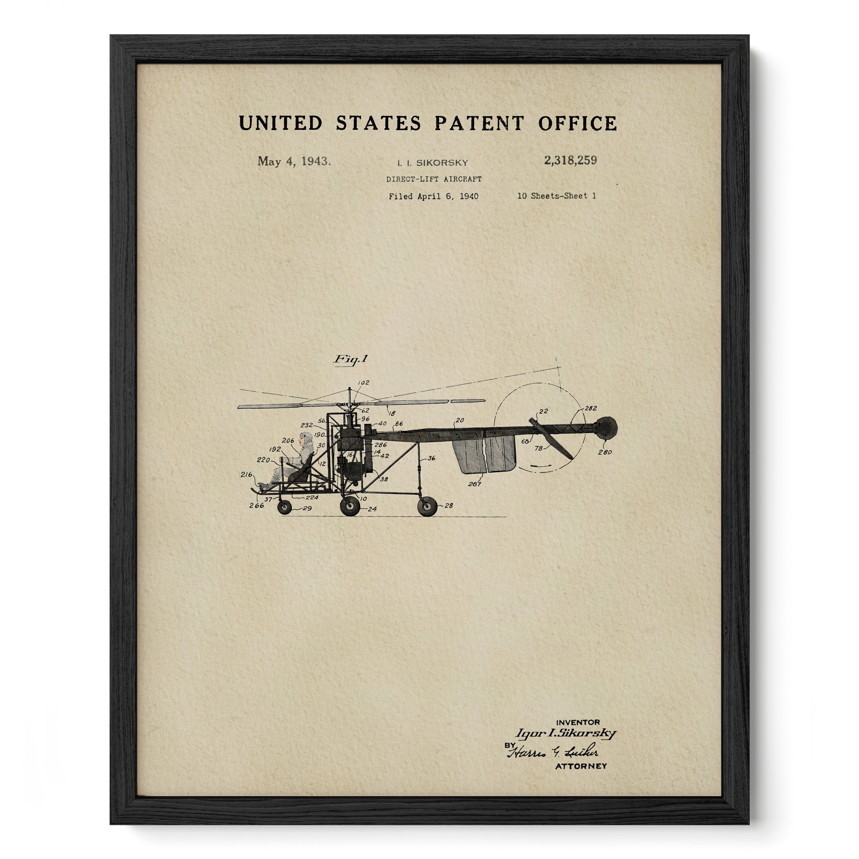The image is a framed patent drawing of a helicopter from the United States Patent Office, dated May 4, 1943.