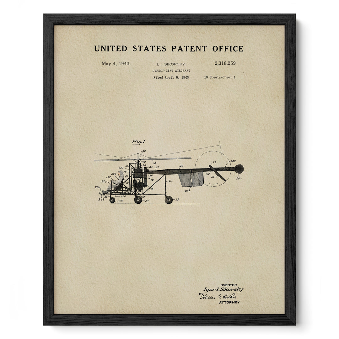 The image is a framed patent drawing of a helicopter from the United States Patent Office, dated May 4, 1943.