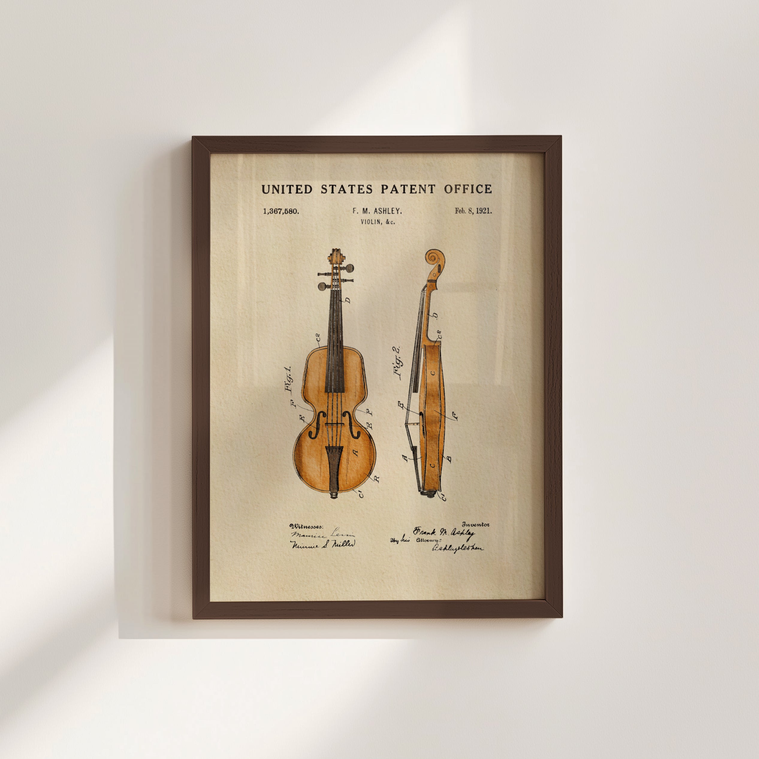 The image is a framed vintage patent drawing of a violin, depicting the instrument in a detailed and technical manner.