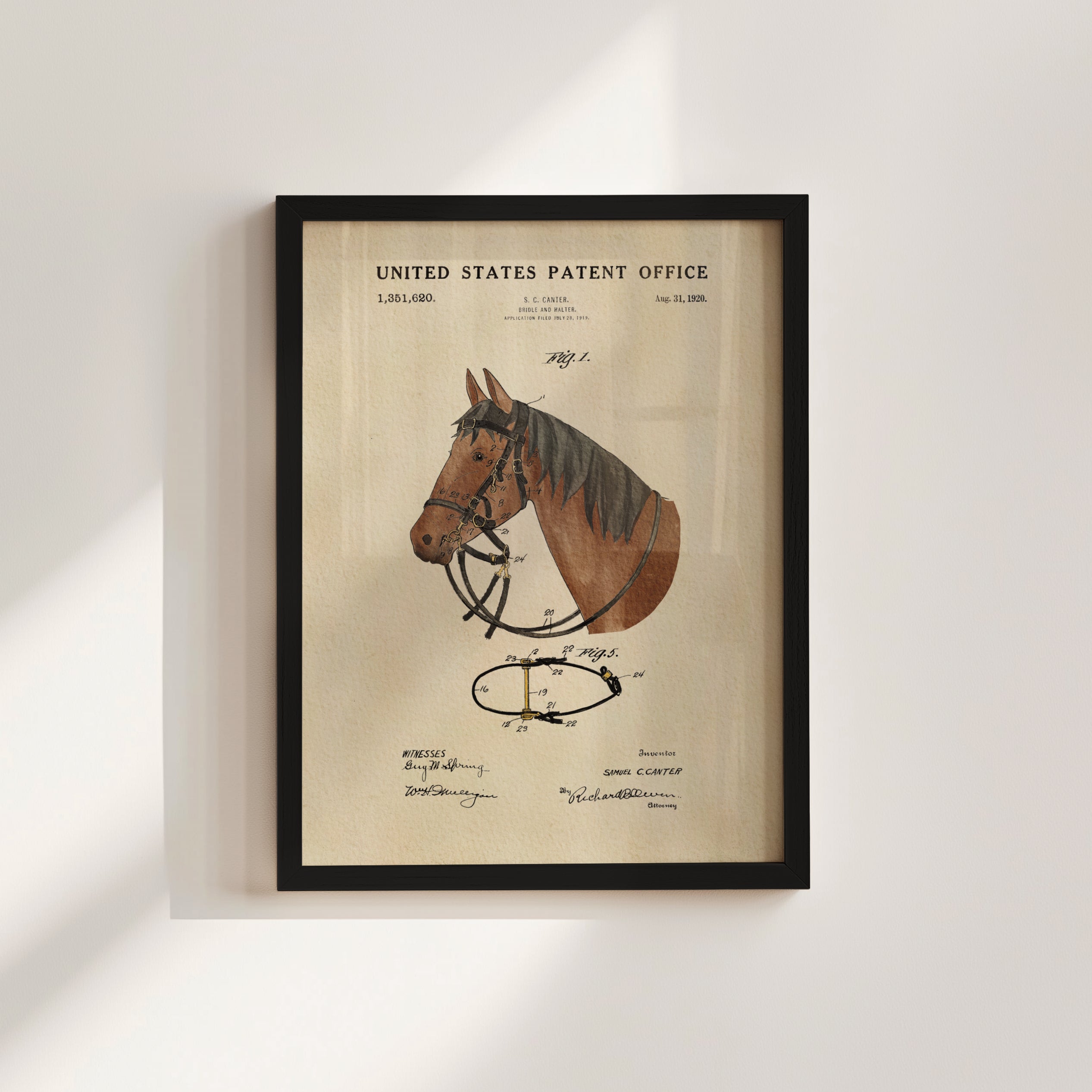 The image is a framed print of a United States patent office patent from Aug. 30, 1930, depicting a horse harness.
