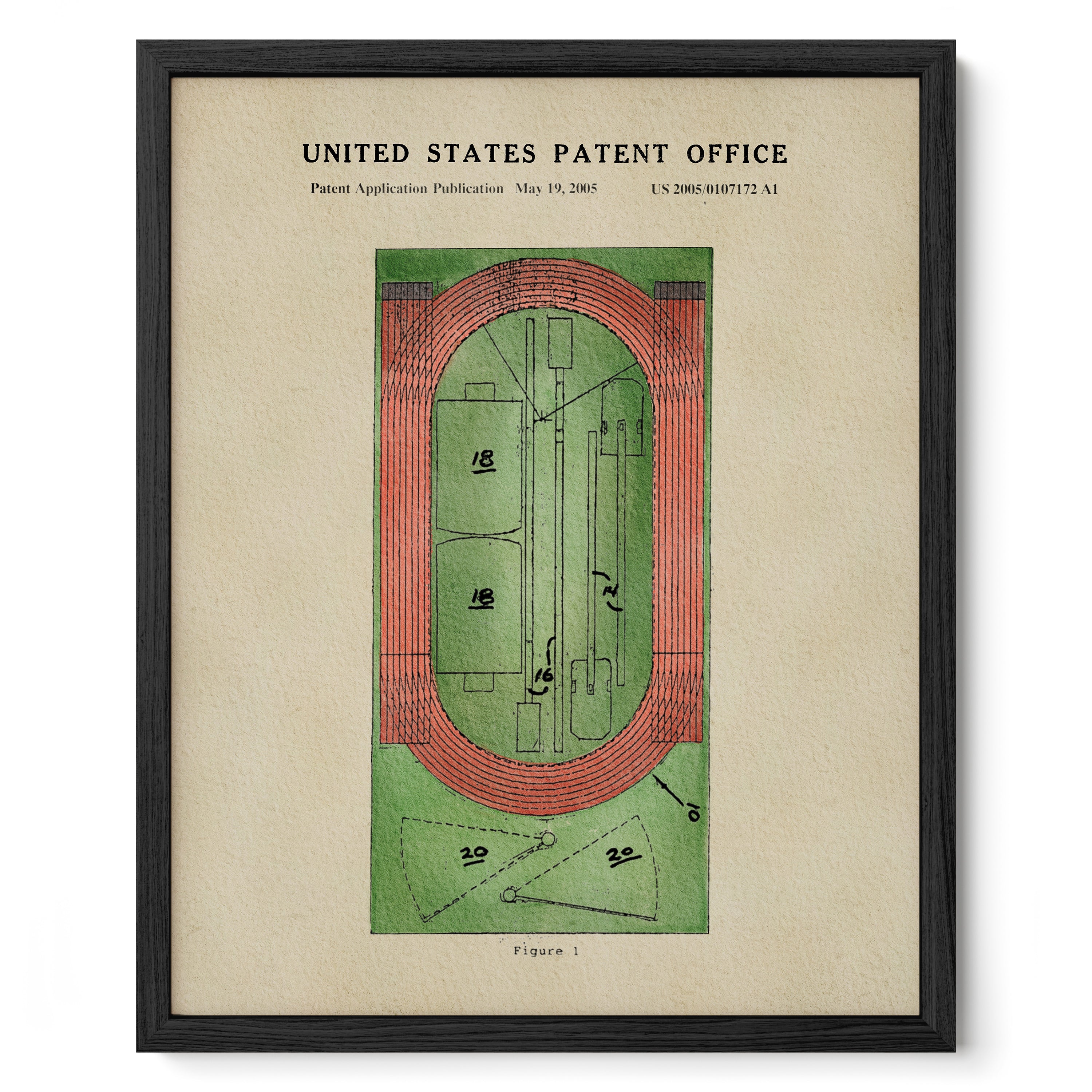 The image is a framed print depicting a vintage-style patent application from the United States Patent Office, dated May 19, 2005.