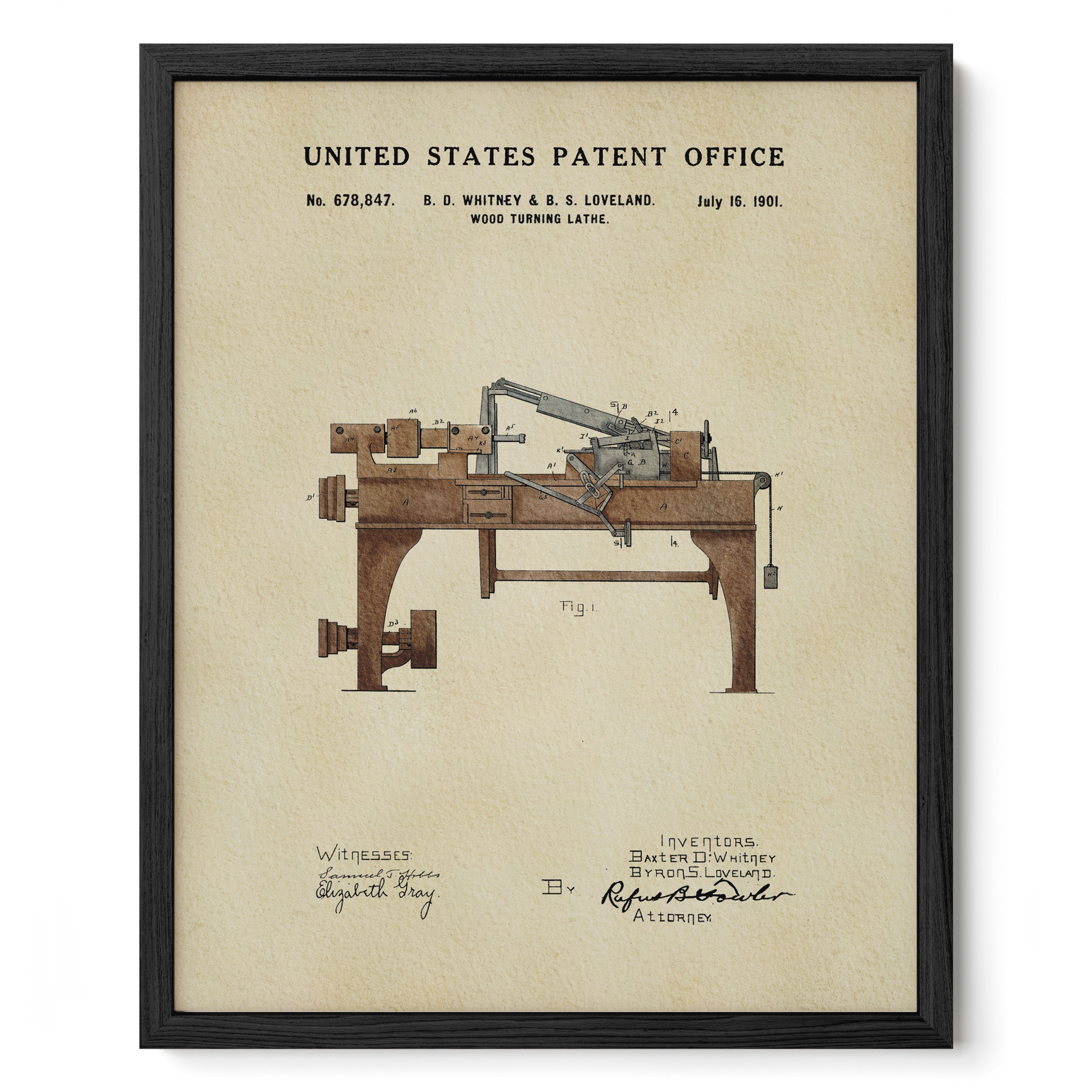 The image is a framed patent drawing of a wood turning lathe, depicting the invention by B. D. Whitney & S. Loveland in the United States Patent Office on July 16, 1901.