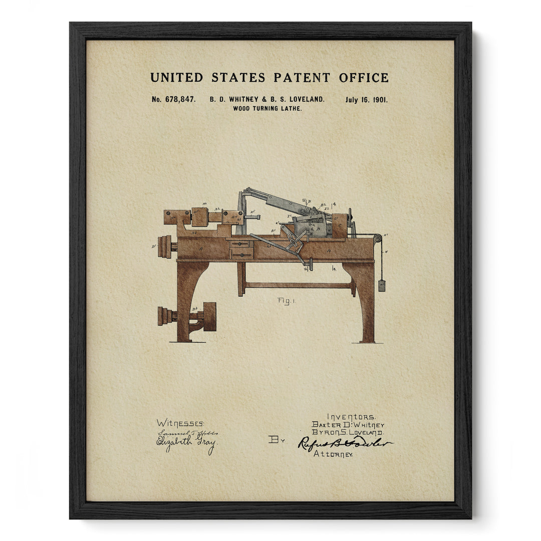The image is a framed patent drawing of a wood turning lathe, depicting the invention by B. D. Whitney & S. Loveland in the United States Patent Office on July 16, 1901.